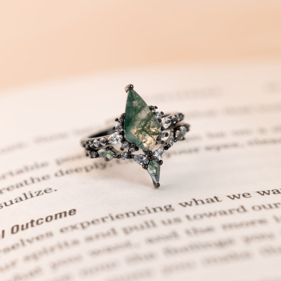 Emerald Earth - Moss Agate Ring Set, Sterling Silver Gun Plated Ring
