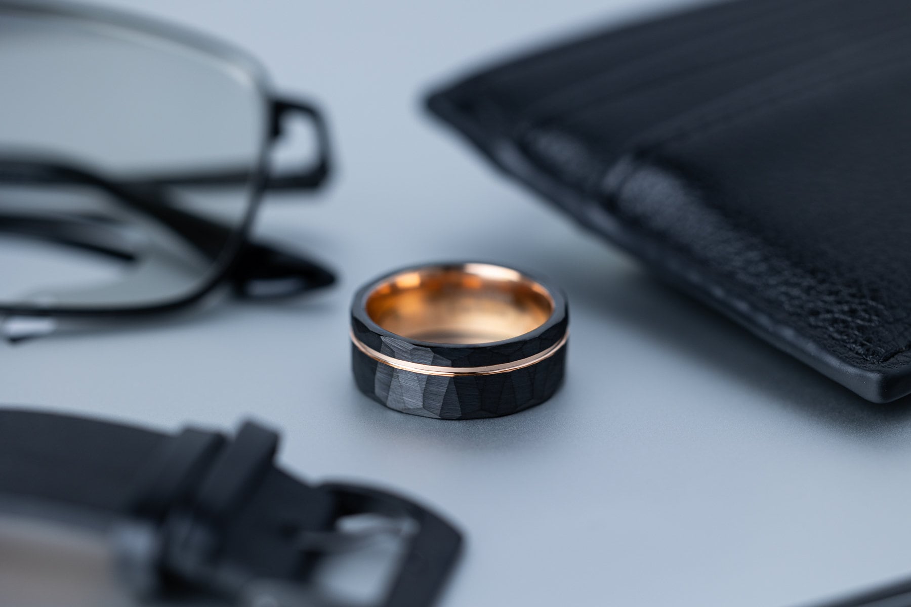 Black Hammered Tungsten Carbide Ring: Rose Gold Womens Wedding Band, 4mm