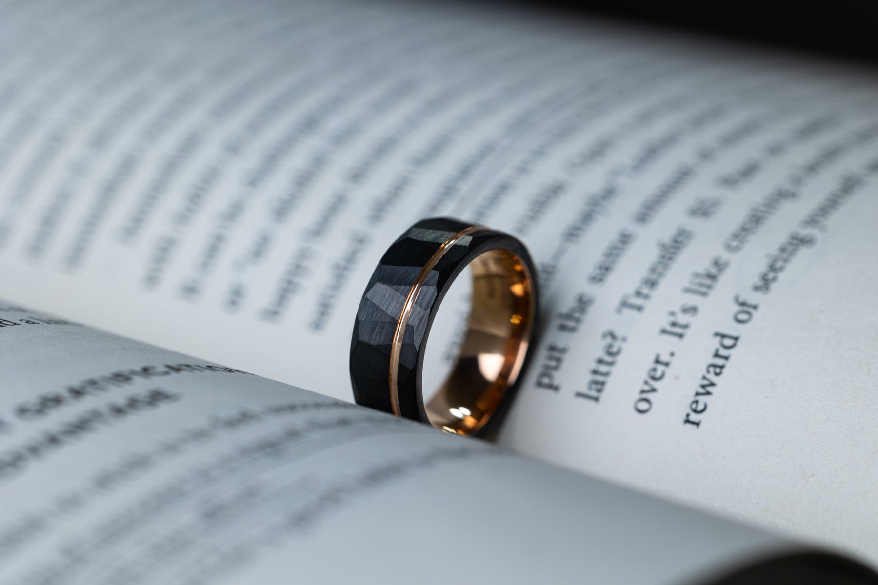 Black Hammered Tungsten Carbide Ring: Rose Gold Womens Wedding Band, 4mm
