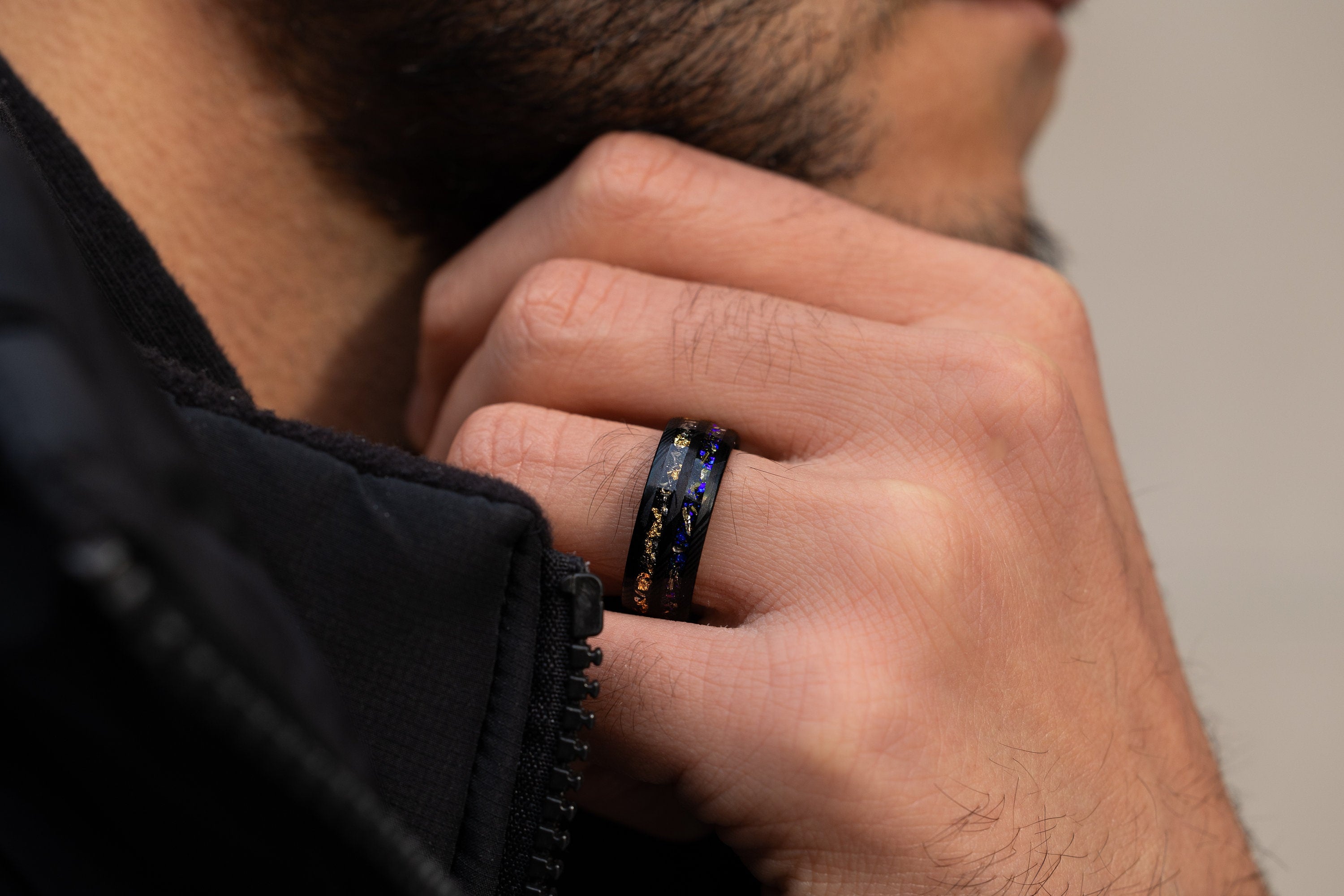 Damascus Nebula & Meteorite Crushed Gold Leaf Ring, Man Wedding Band, Damascus Black Steel Hammered Band, Blue Galaxy Meteorite, 8mm Ring