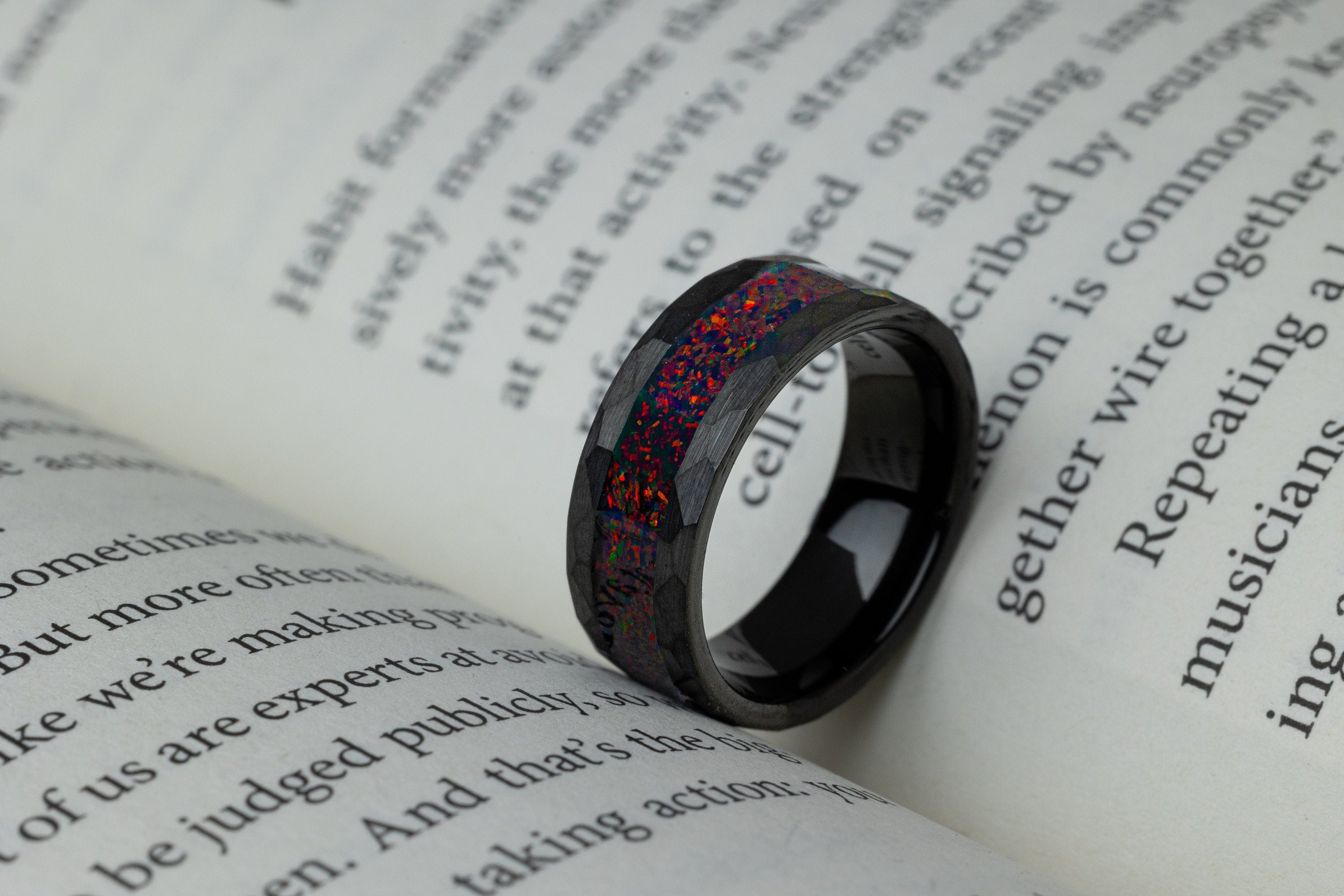 Black Tungsten Womens Ring: Crushed Fire Opal Hammered Wedding Band, 4mm