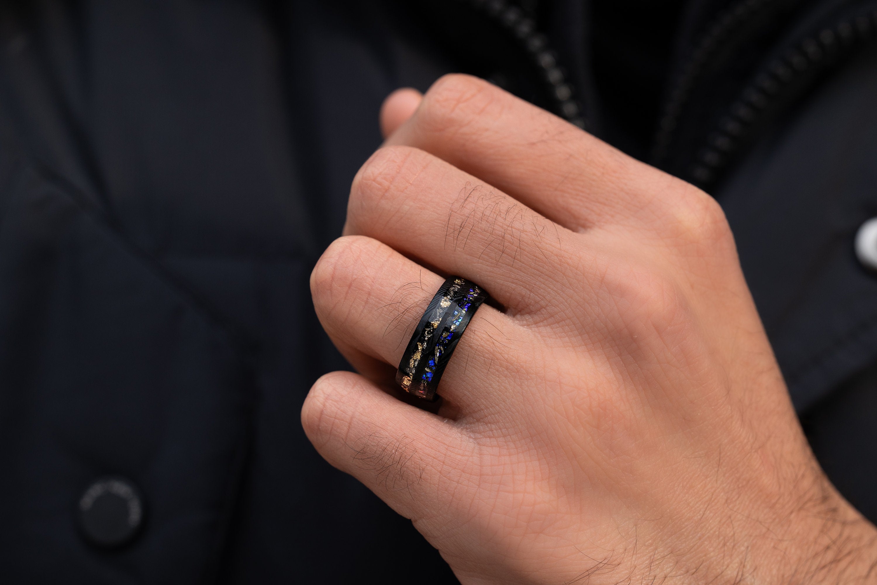 Damascus Nebula & Meteorite Crushed Gold Leaf Ring, Man Wedding Band, Damascus Black Steel Hammered Band, Blue Galaxy Meteorite, 8mm Ring