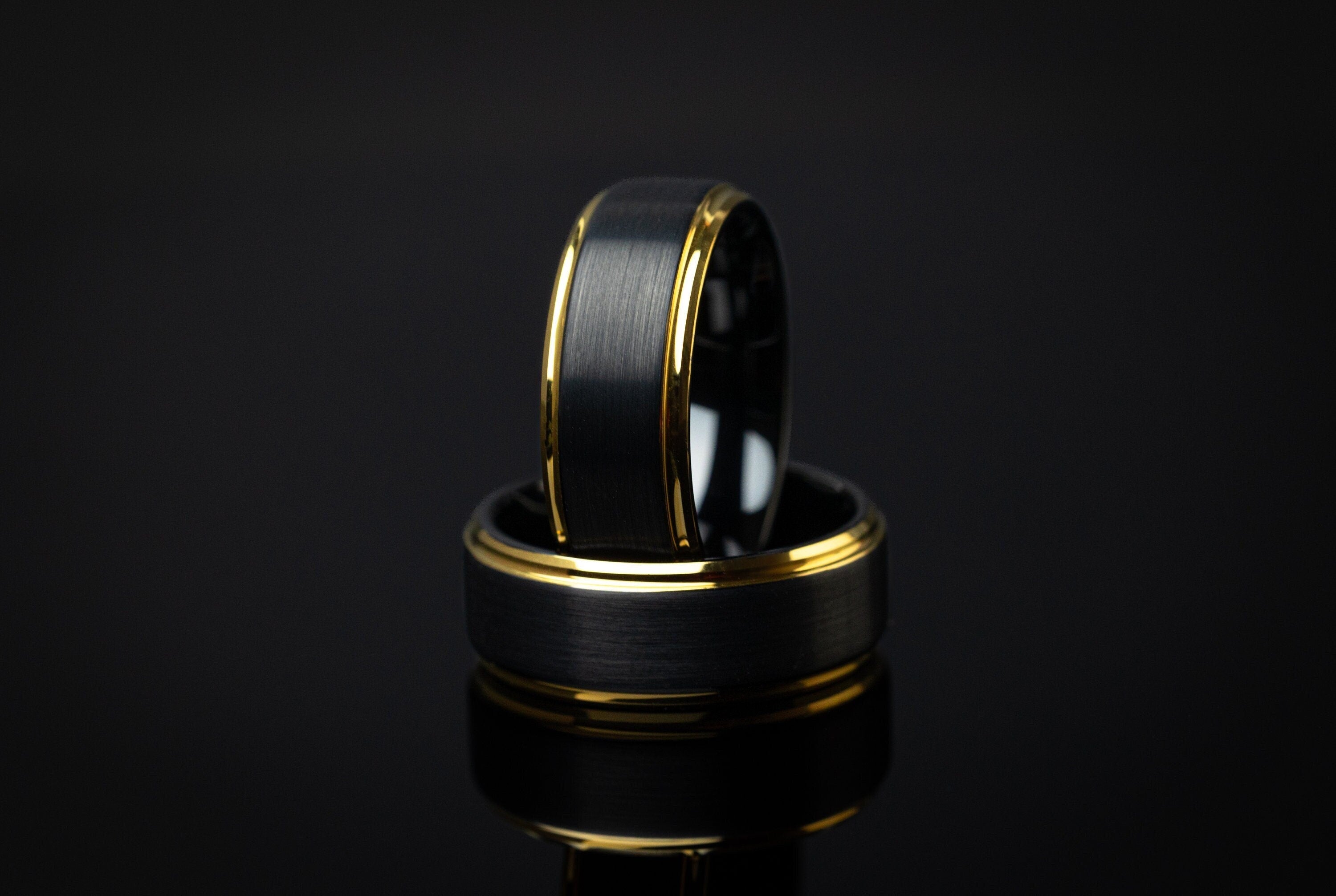 Brushed Black Tungsten Ring: 24k Gold Plated Band, 4mm Womens Wedding Ring