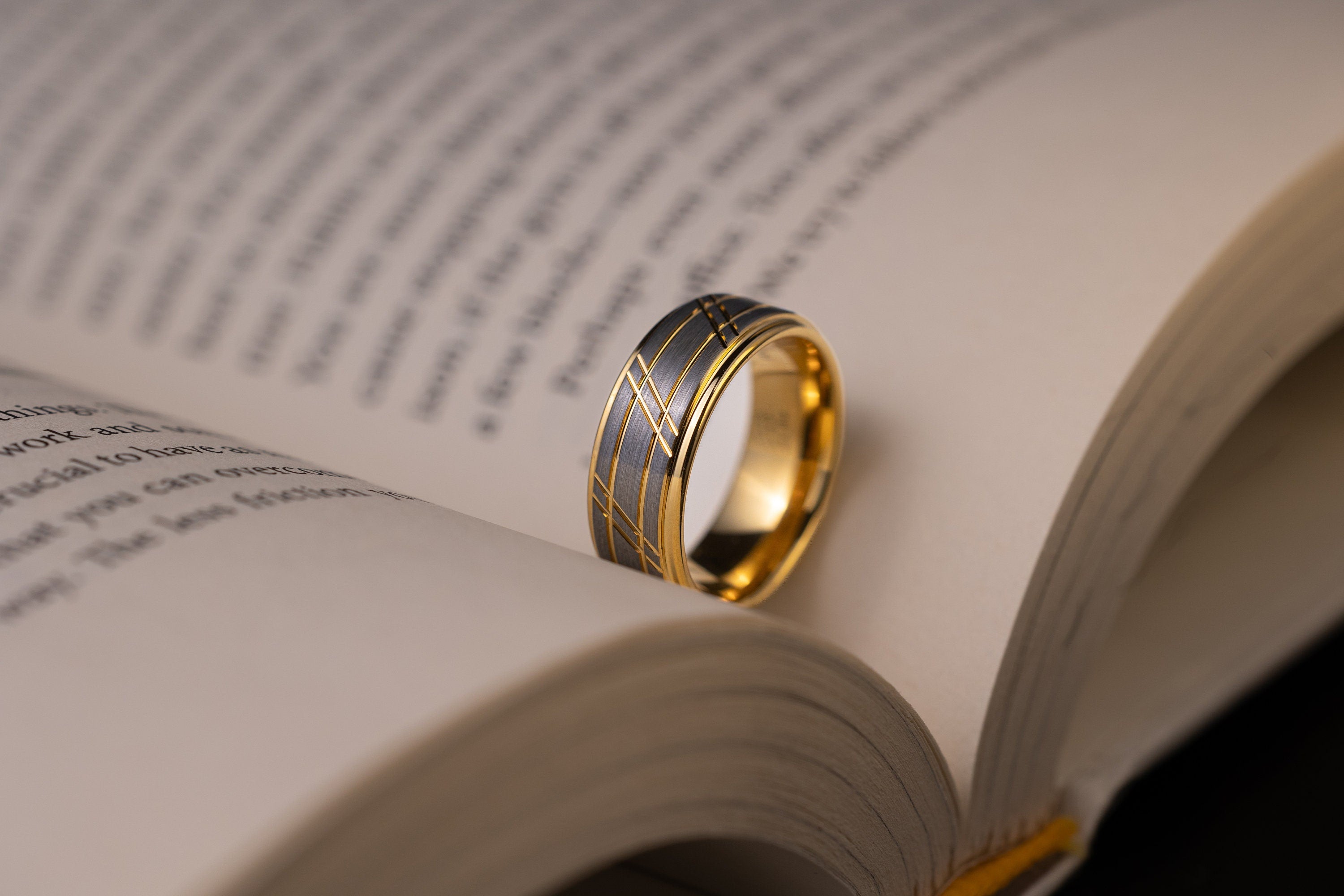 Brushed Tungsten Carbide Ring: Yellow Gold Slotted 4mm Wedding Band