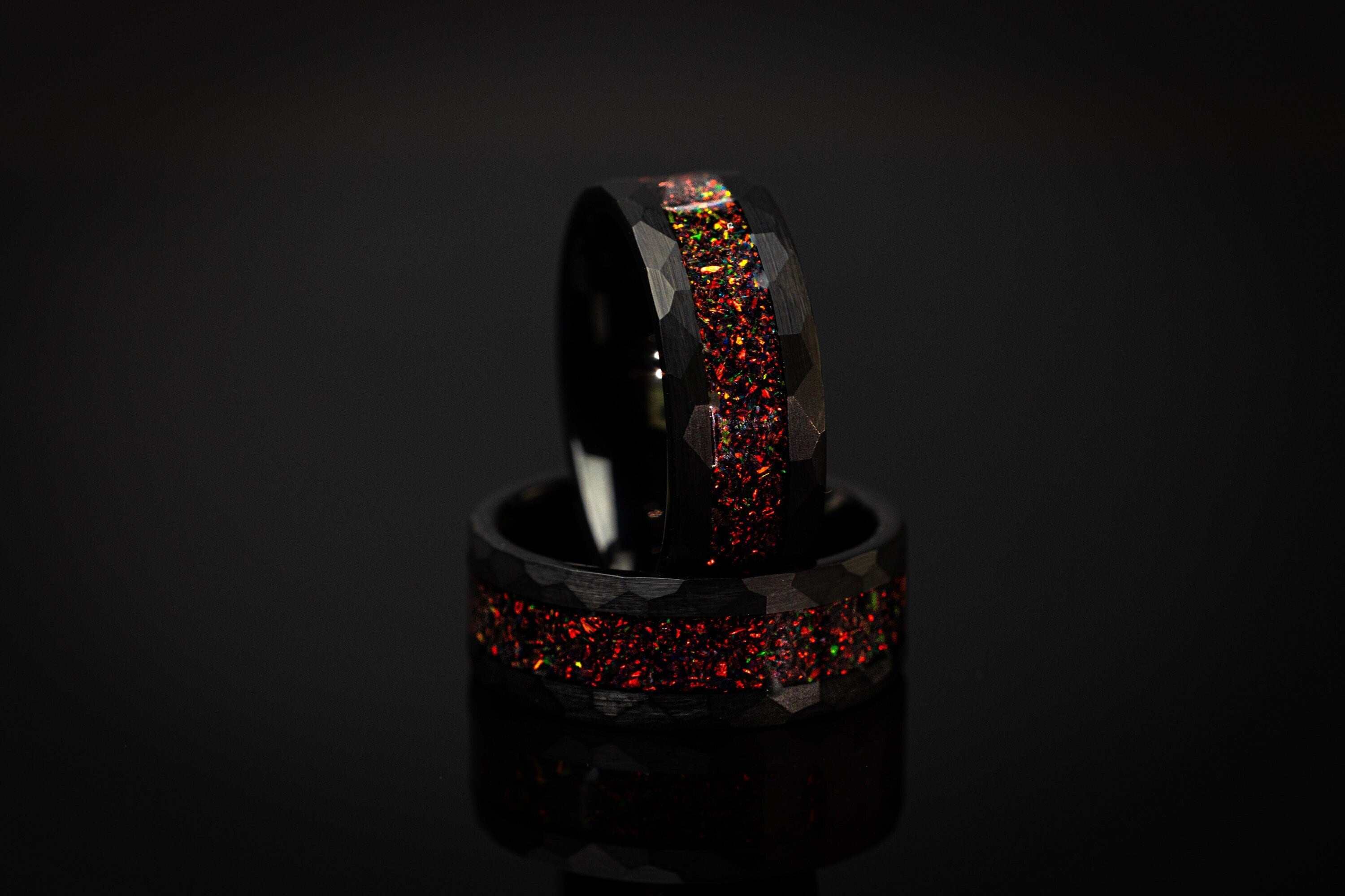 Black Tungsten Womens Ring: Crushed Fire Opal Hammered Wedding Band, 4mm