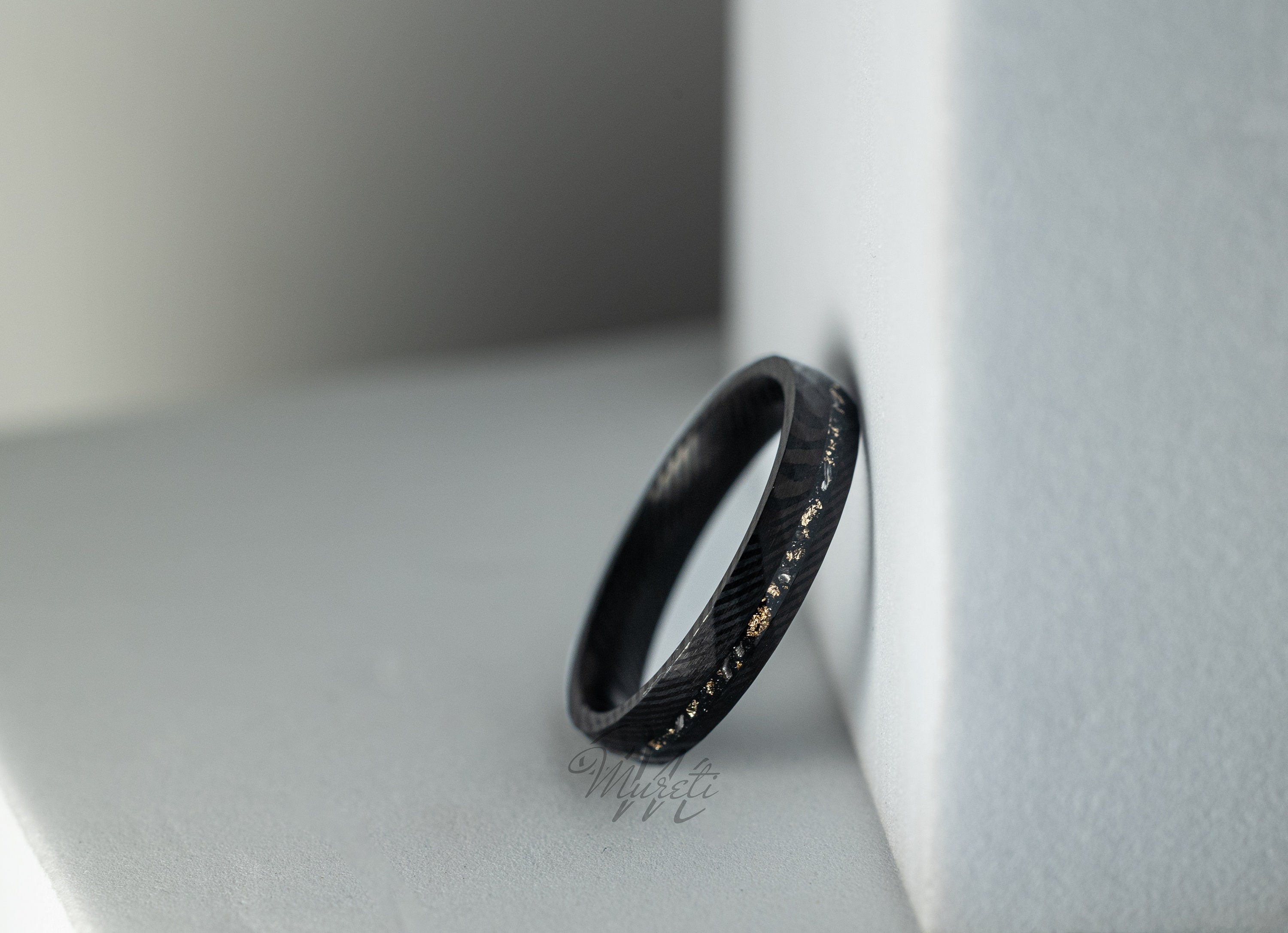 Damascus Meteorite & Crushed Gold Leaf, Crushed Gold Leaf Ring, Damascus Meteorite Ring, Meteor Gold Leaf Ring, Woman Wedding Band, 4mm Ring