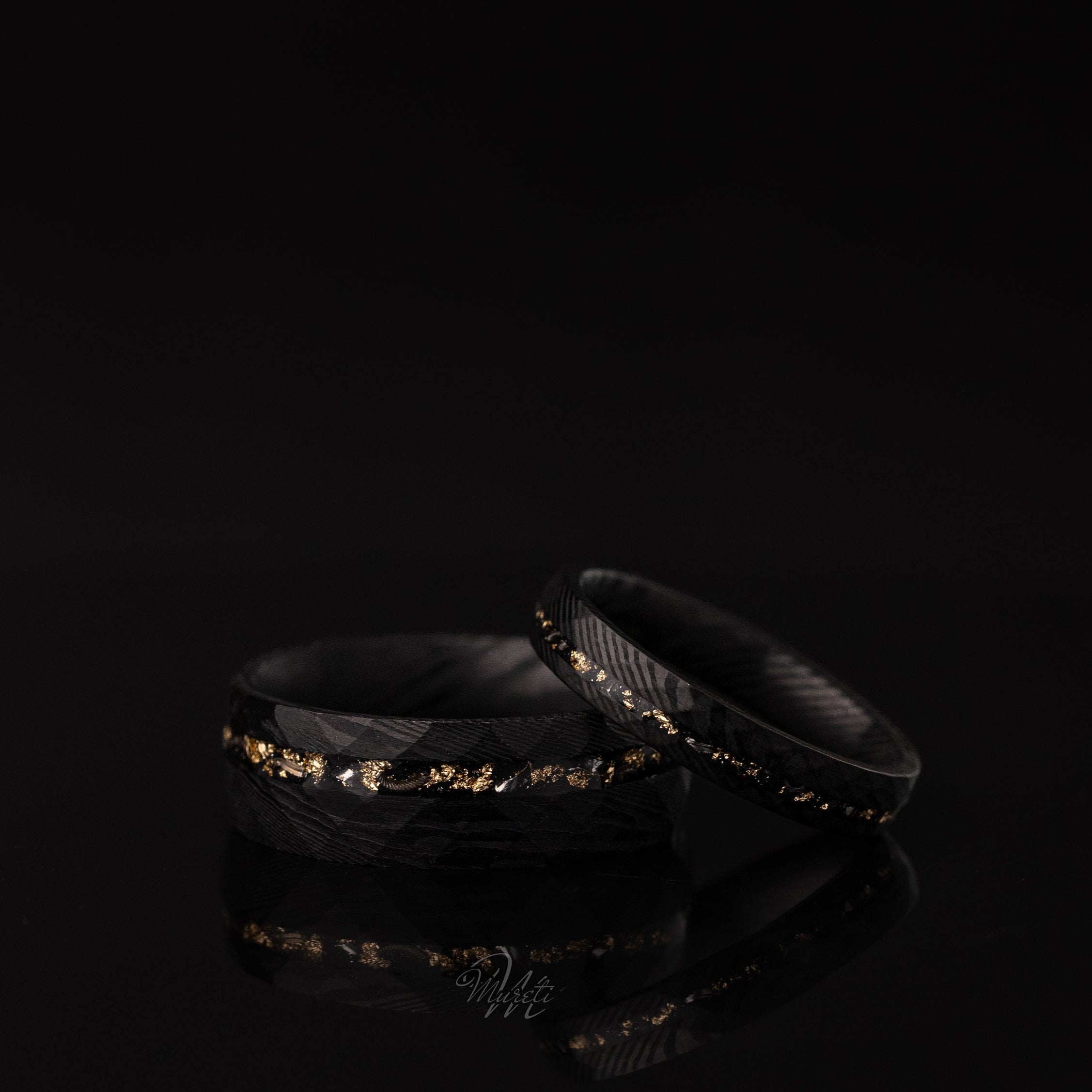 Couples Set Damascus Meteorite & Crushed Gold Leaf, Crushed Gold Leaf Ring, Meteorite Ring, Meteor Gold Leaf Band, Black Damascus Ring