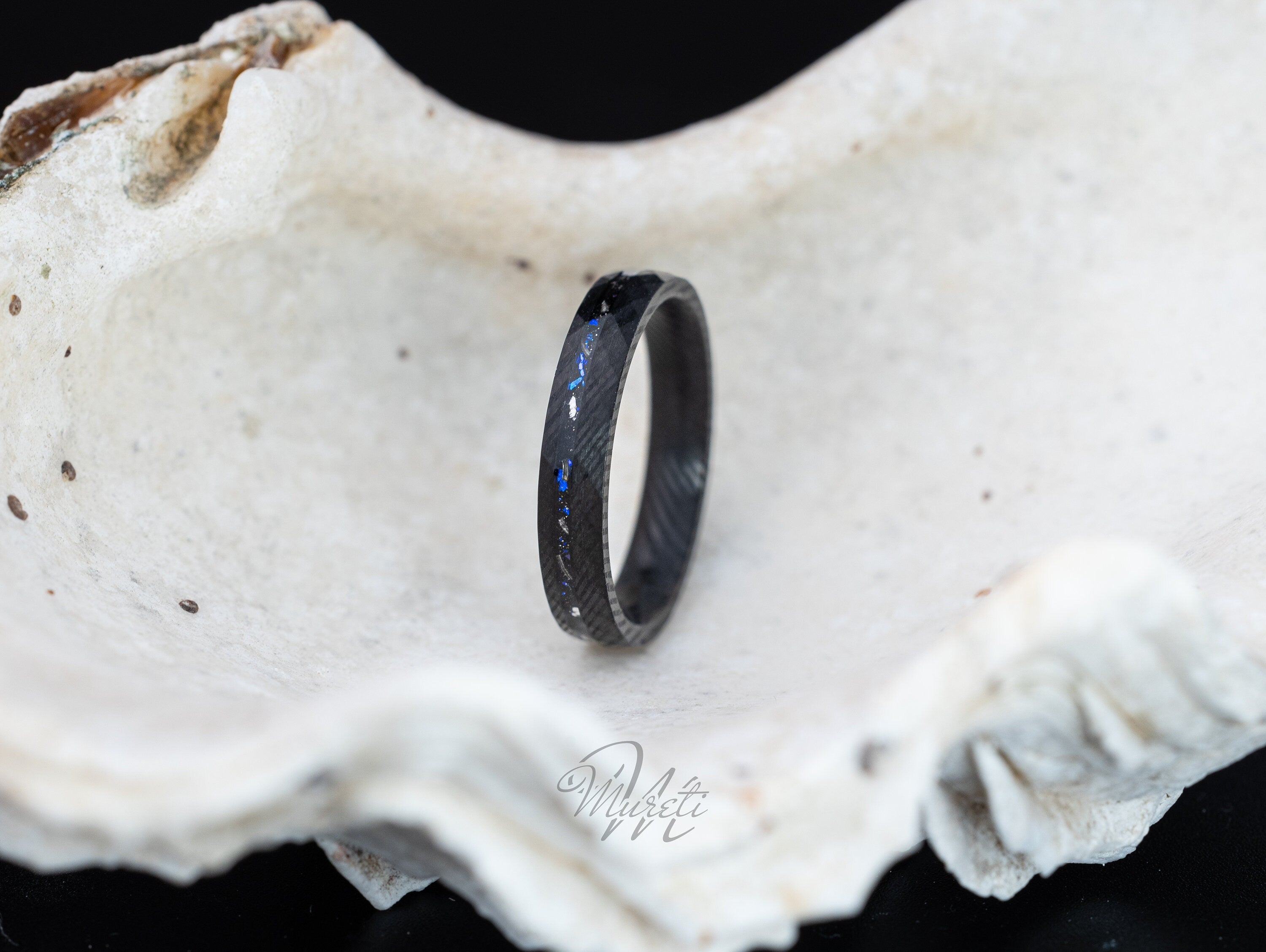 Damascus Nebula Ring, Damascus Meteorite Ring, Space Galaxy Ring, Black Damascus Galaxy Band, Womens Wedding Band, Blue Galaxy Inlay, 4mm
