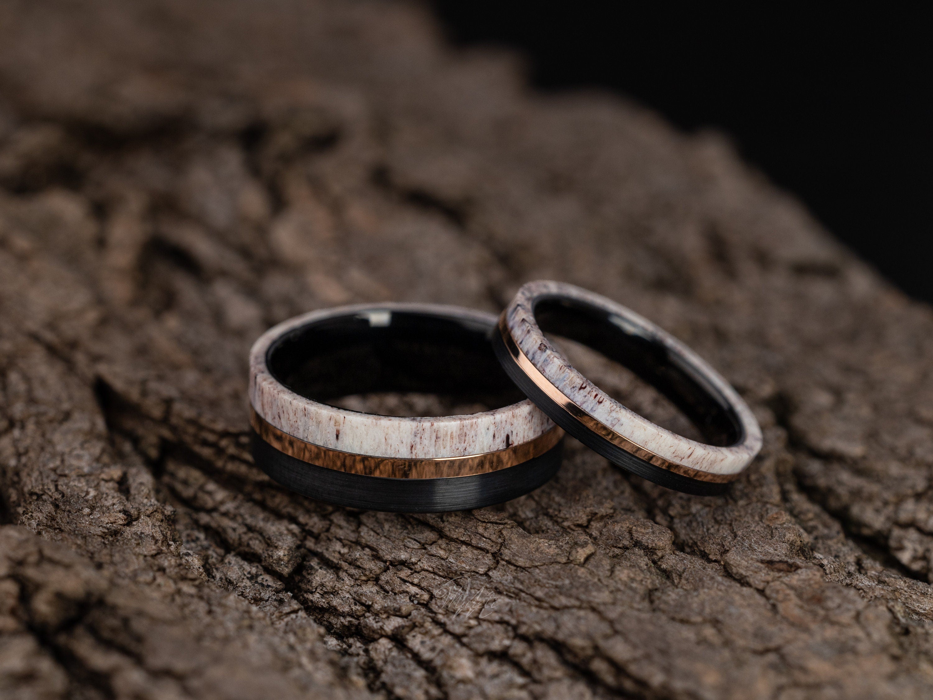 Deer Antler Couples Set, Deer Antler Ring Set, His and Hers Deer Antler Rings, Antler Black Tungsten Ring, Wedding Band, Matching Set Rings