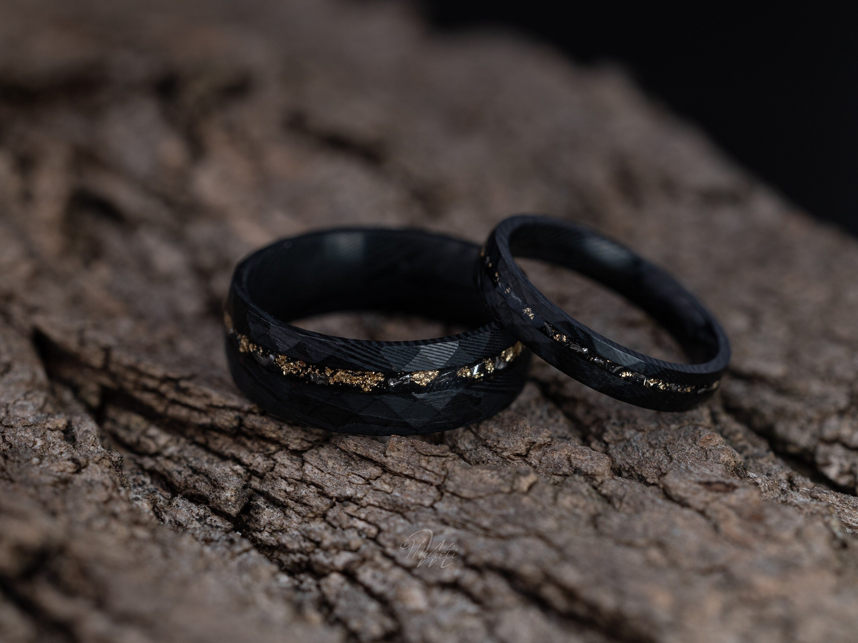 Couples Set Damascus Meteorite & Crushed Gold Leaf, Crushed Gold Leaf Ring, Meteorite Ring, Meteor Gold Leaf Band, Black Damascus Ring