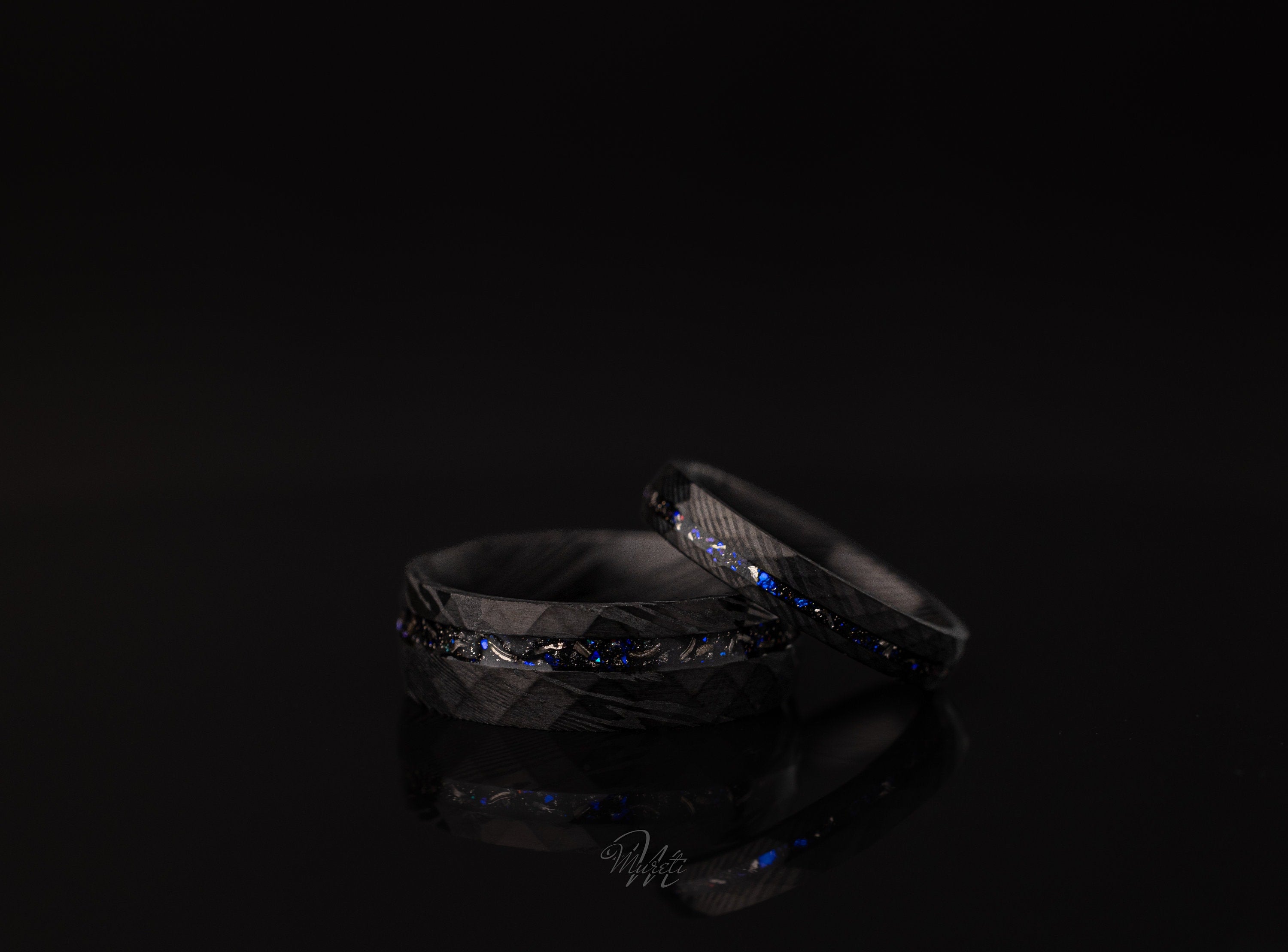 Damascus Meteorite Couples Set Ring, Damascus Nebula Ring, His and Hers Space Galaxy Ring, Blue Galaxy Inlay Band, Wedding Band for Couples