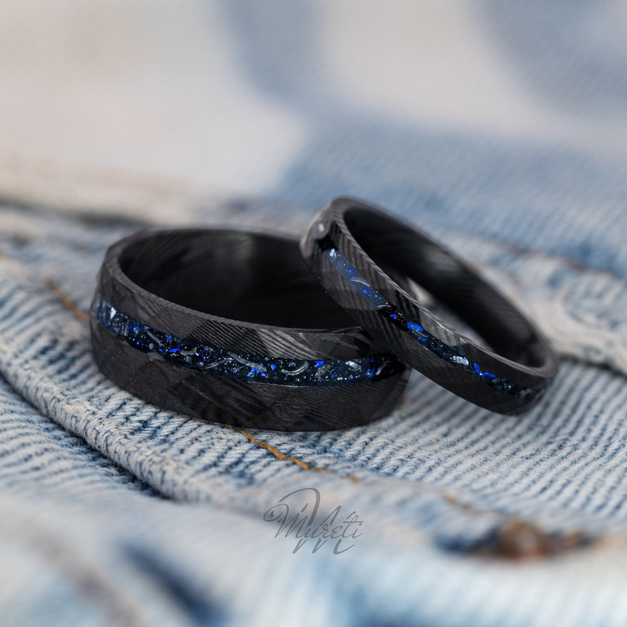 Stardust Damascus - Couples Set Rings, 8mm & 4mm Width
