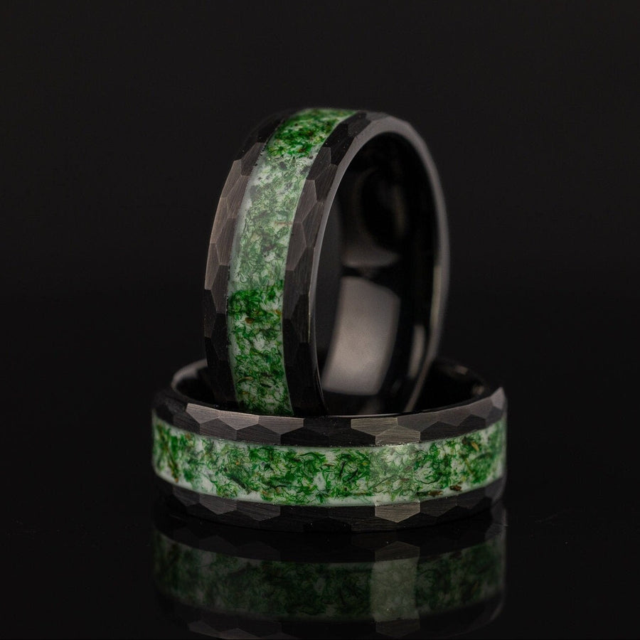 Frozen Forest - Moss Agate Hammered Ring, 8mm Width