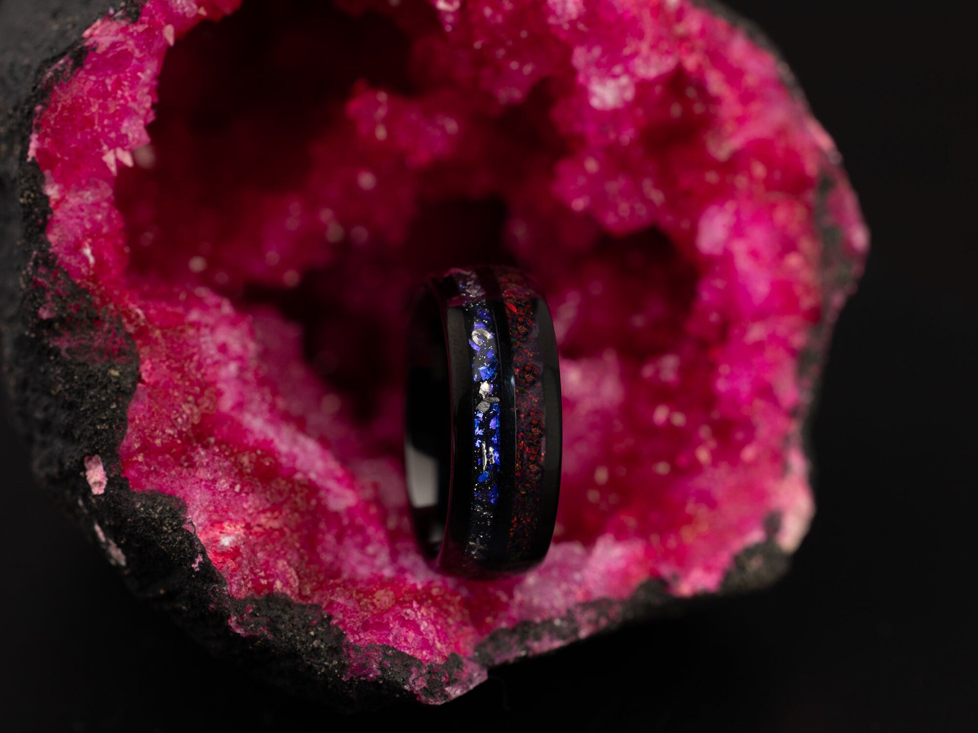 Nebula Meteorite & Crushed Black Fire Opal Ring, Red Opal Ring, Red Opal Band, Blue Galaxy Meteorite, Black Tungsten Band, 8mm Ring