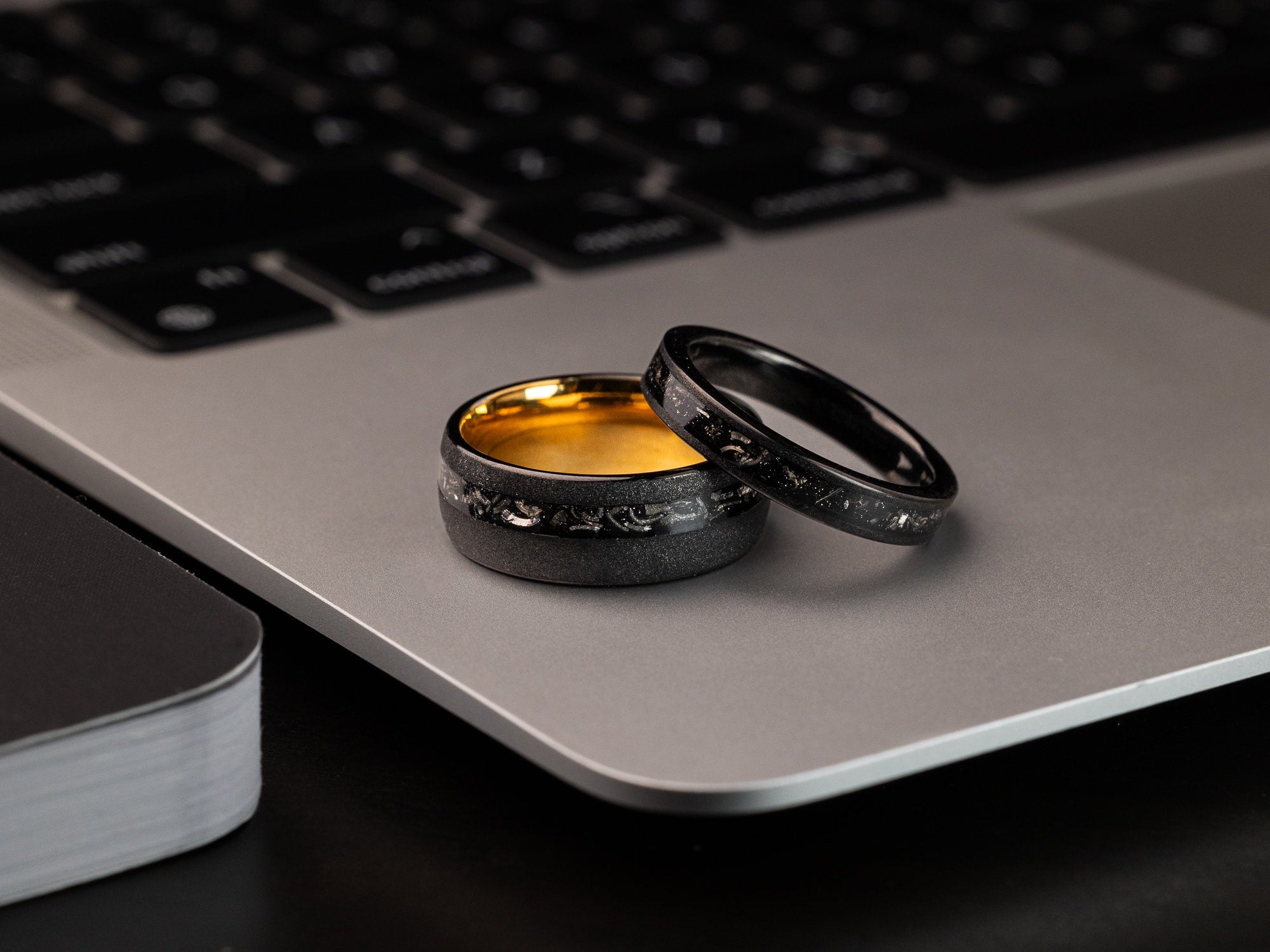 Meteorite Couples Set Rings, Meteor Ring Set, His and Hers Meteorite Rings, Meteor Black Tungsten Ring, Wedding Band, Matching Set Rings