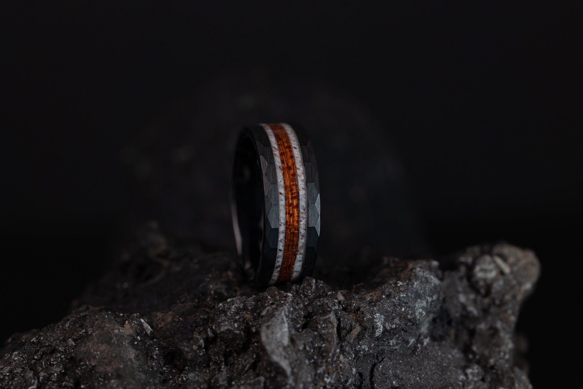 Deer Antler Ring, Koa Wood Ring, Antler & Wood Tungsten Ring, Deer Wedding Band, Koa Wood Ring for Men, Wood Antler Hammered Ring, 8mm Ring