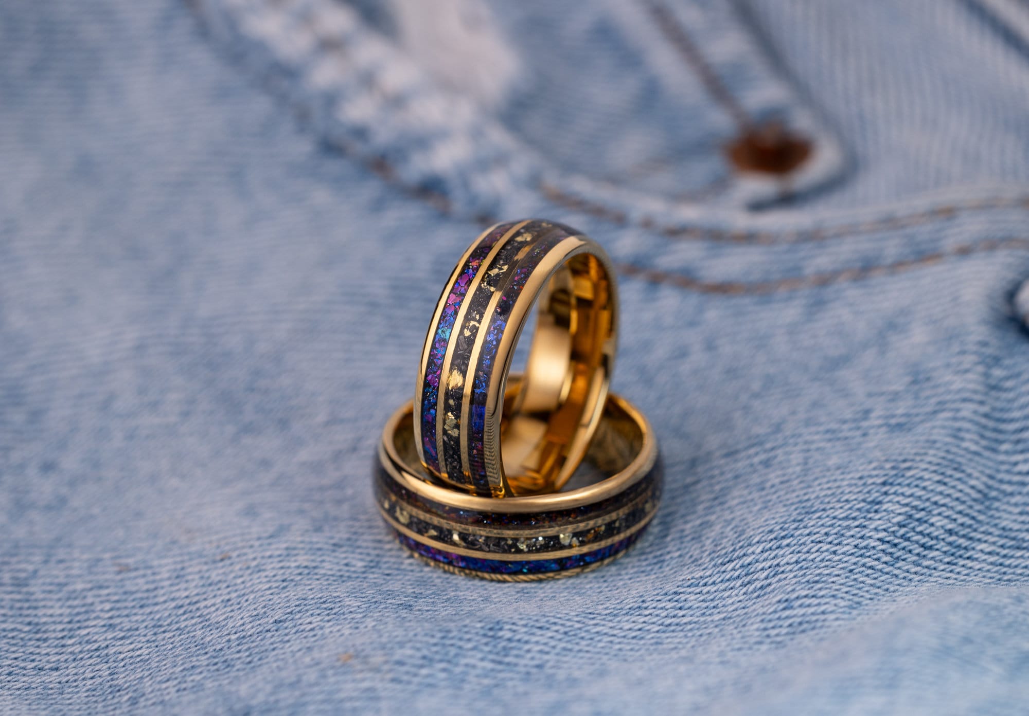 Space Galaxy & Meteorite and Crushed Gold Leaf Ring, Meteorite and Gold Leaf Ring, Galaxy and Meteorite Ring, Meteorite Wedding Band, 8mm