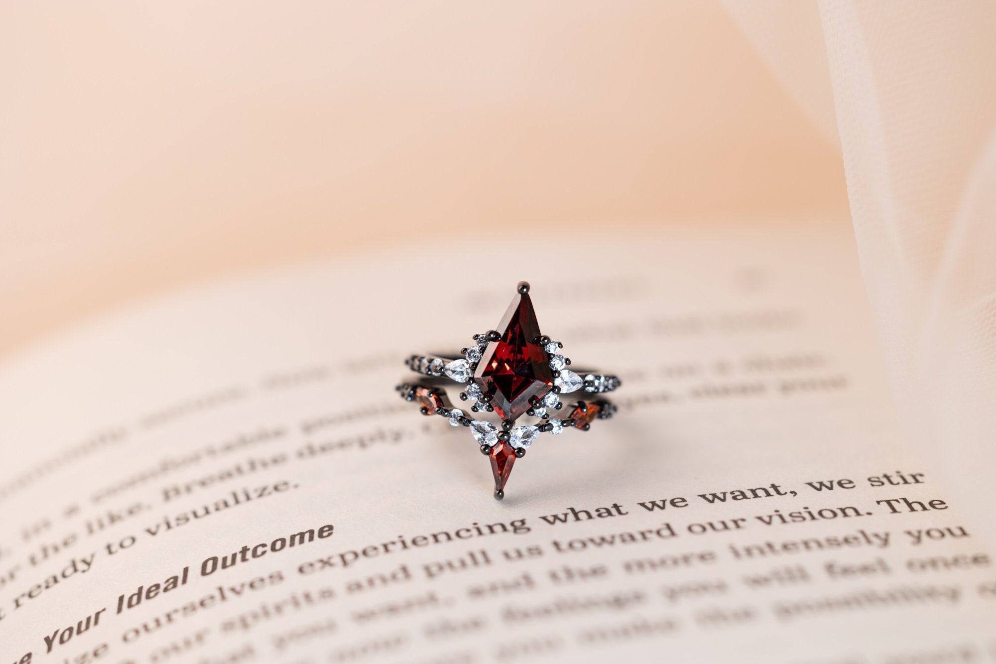 Garnet Ring, Garnet Ring for Her, Red Ring Set, Sterling Silver Gun Plated Ring, Unique Engagement Ring, Garnet Wedding Set