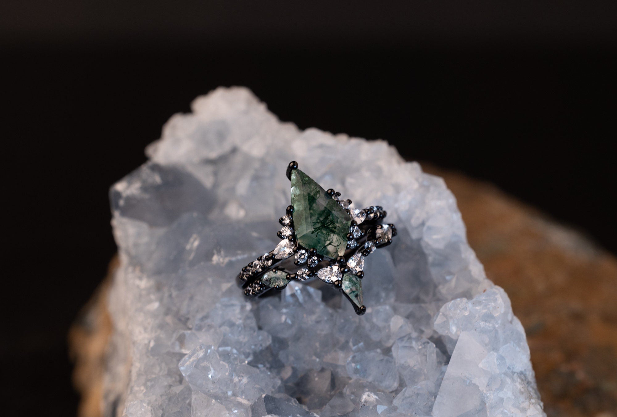 Moss Agate Ring Set, Green Moss Agate Ring, Sterling Silver Gun Plated Ring, Nature-Inspired Ring, Four Piece Moss Agate Ring for Her