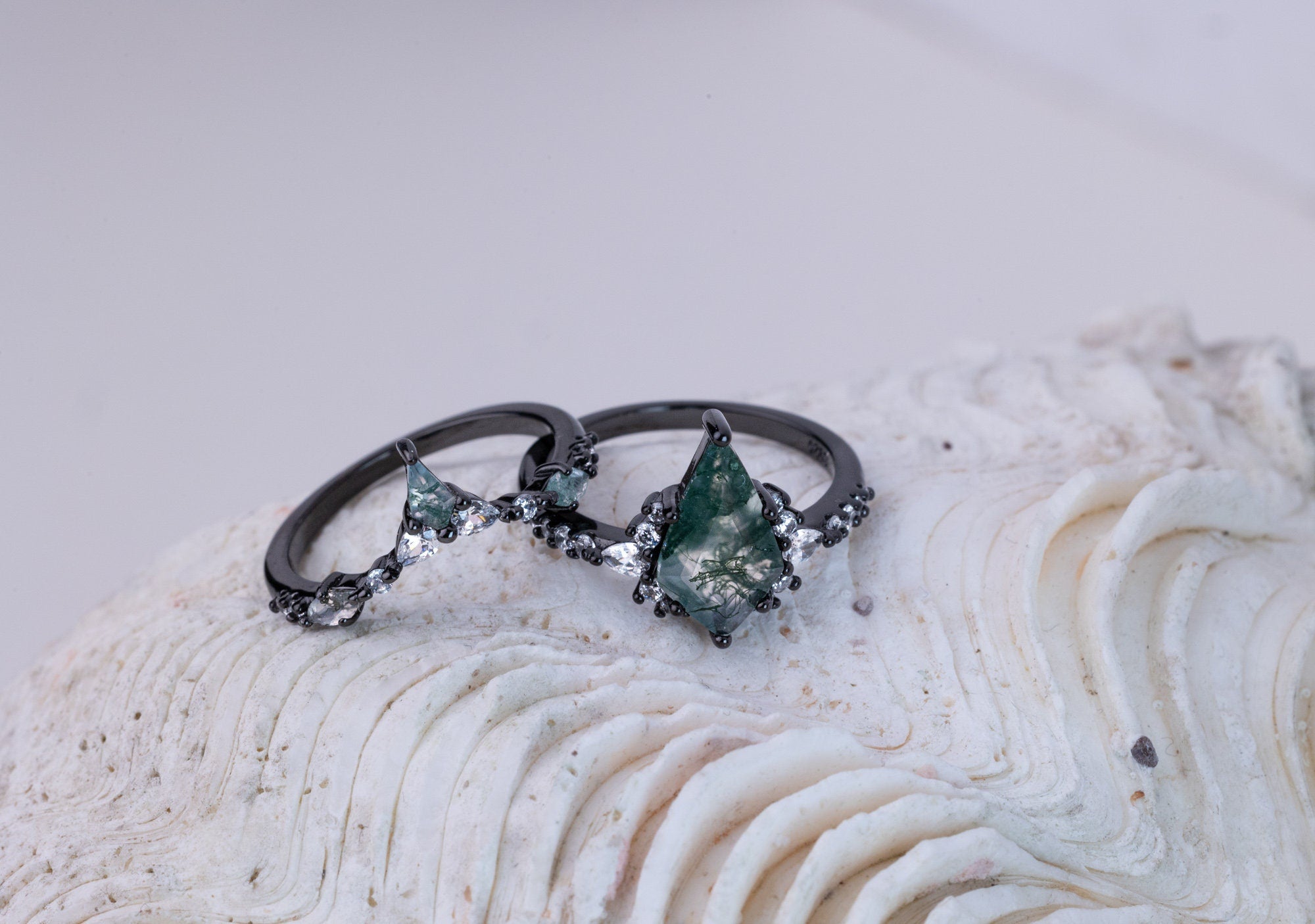 Moss Agate Ring Set, Green Moss Agate Ring, Sterling Silver Gun Plated Ring, Nature-Inspired Ring, Four Piece Moss Agate Ring for Her