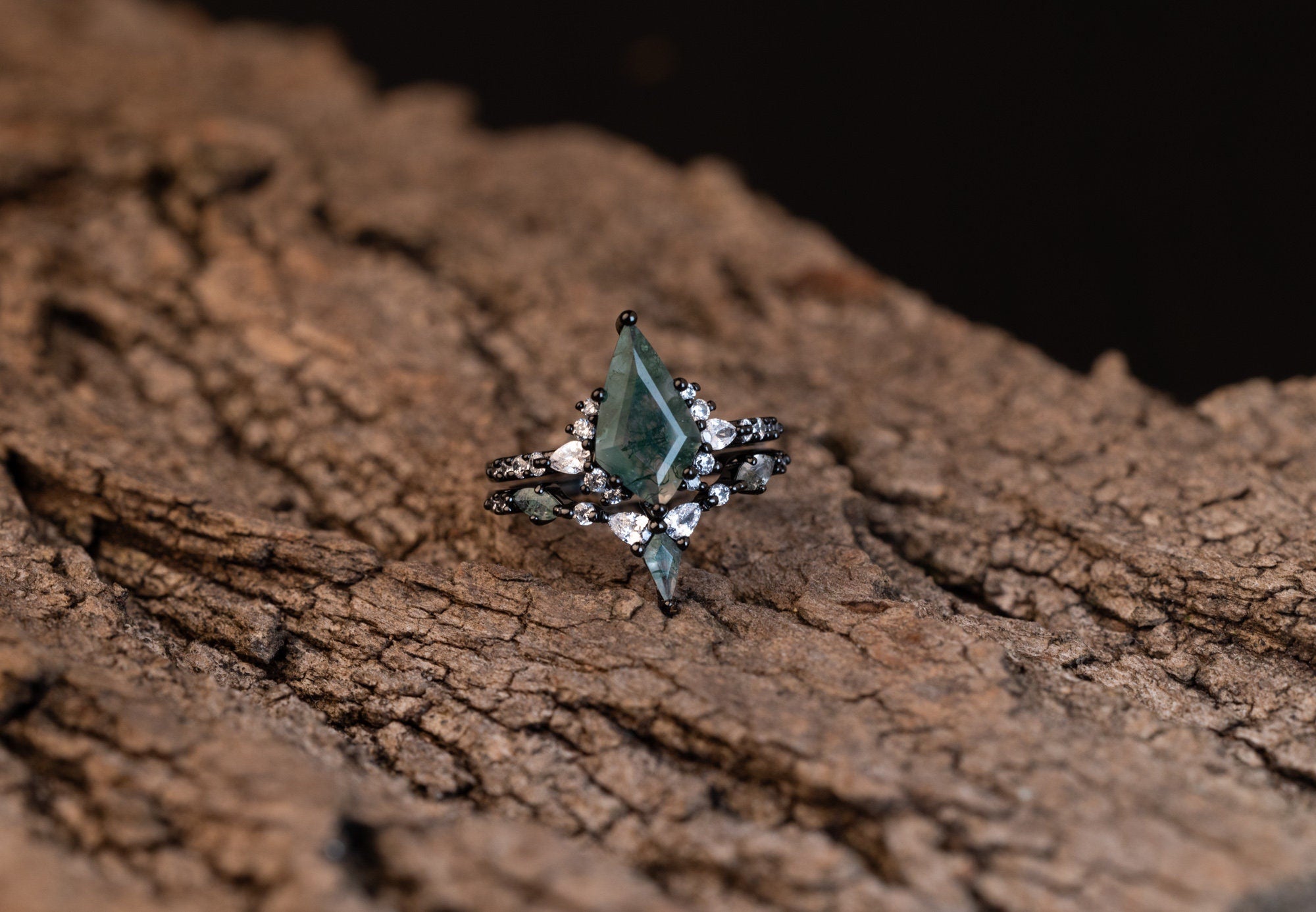Moss Agate Ring Set, Green Moss Agate Ring, Sterling Silver Gun Plated Ring, Nature-Inspired Ring, Four Piece Moss Agate Ring for Her
