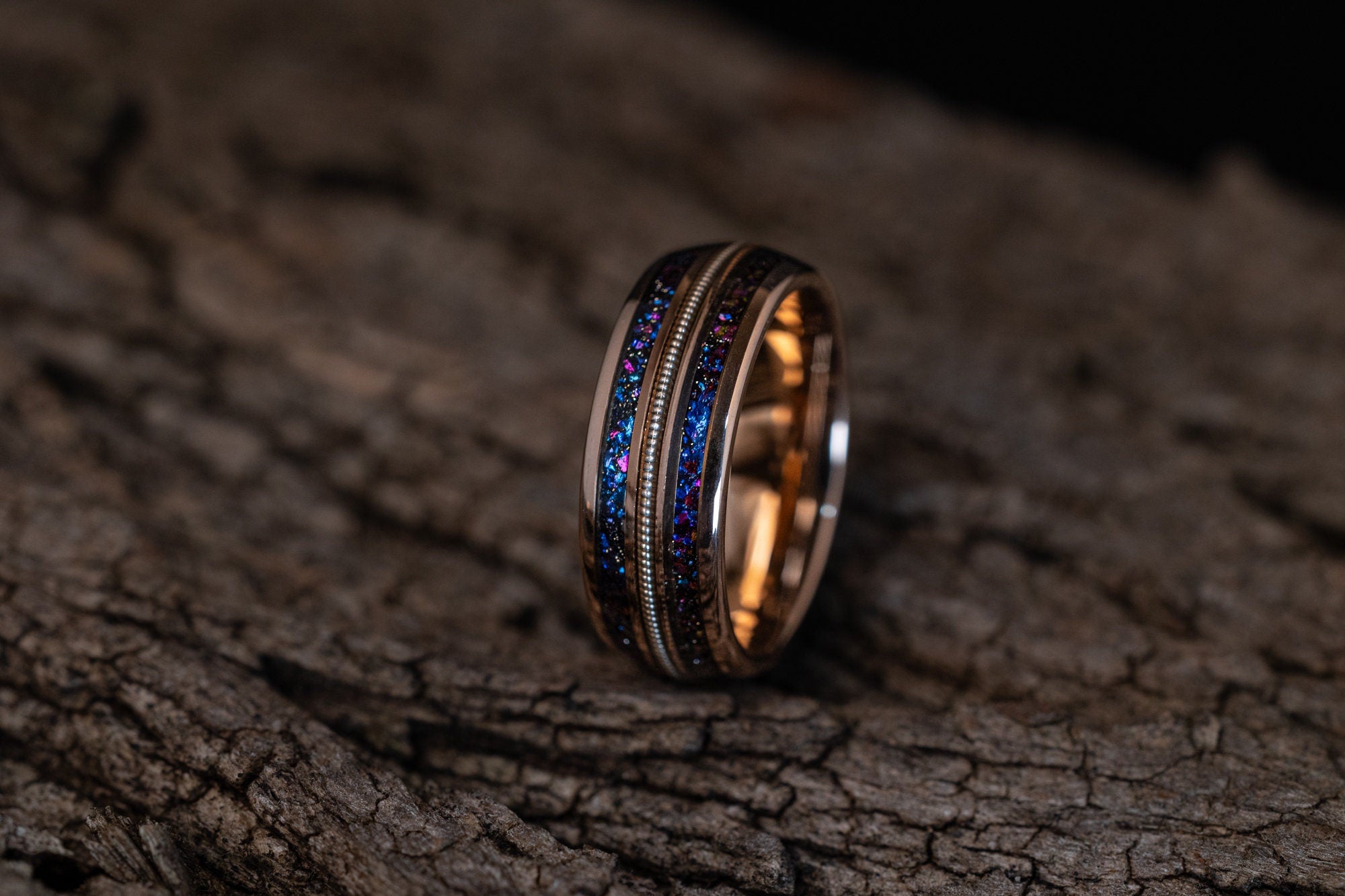 Tungsten Carbide Ring: Rose Gold, Galaxy Inlay & Guitar String - 6mm