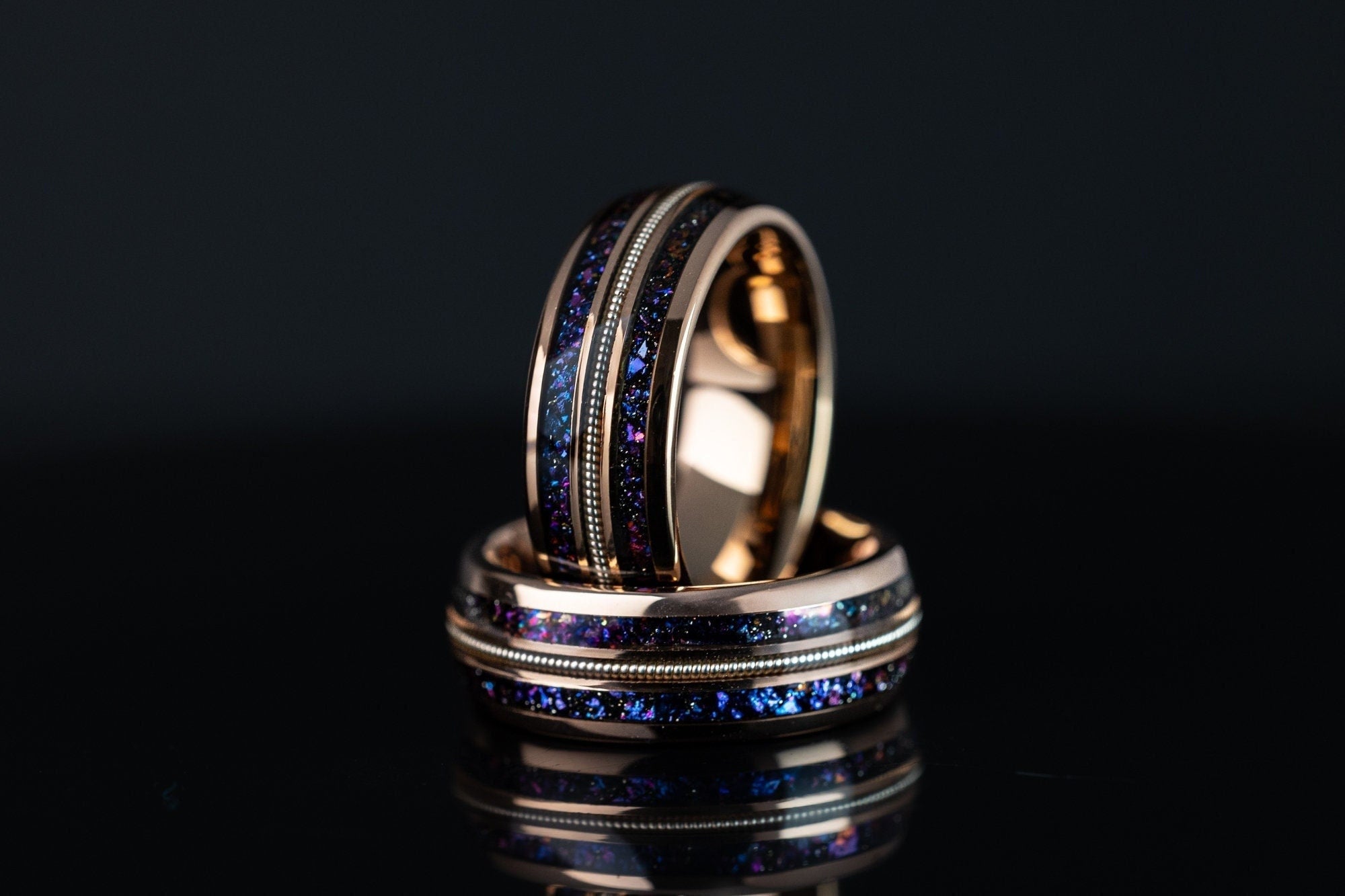 Tungsten Carbide Ring: Rose Gold, Galaxy Inlay & Guitar String - 6mm