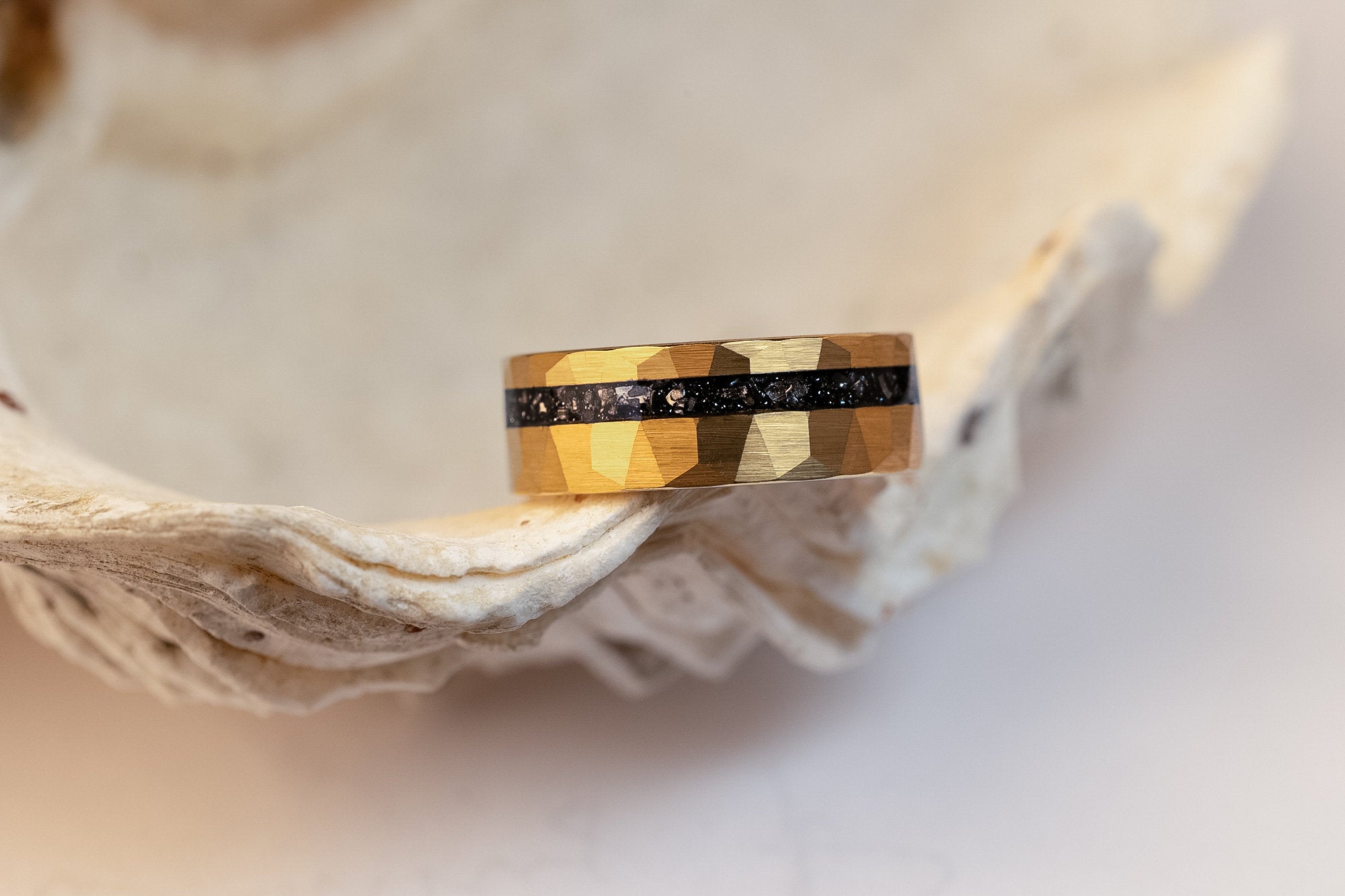 Hammered Gold Meteorite Ring: 24K Tungsten Wedding Band (5mm)