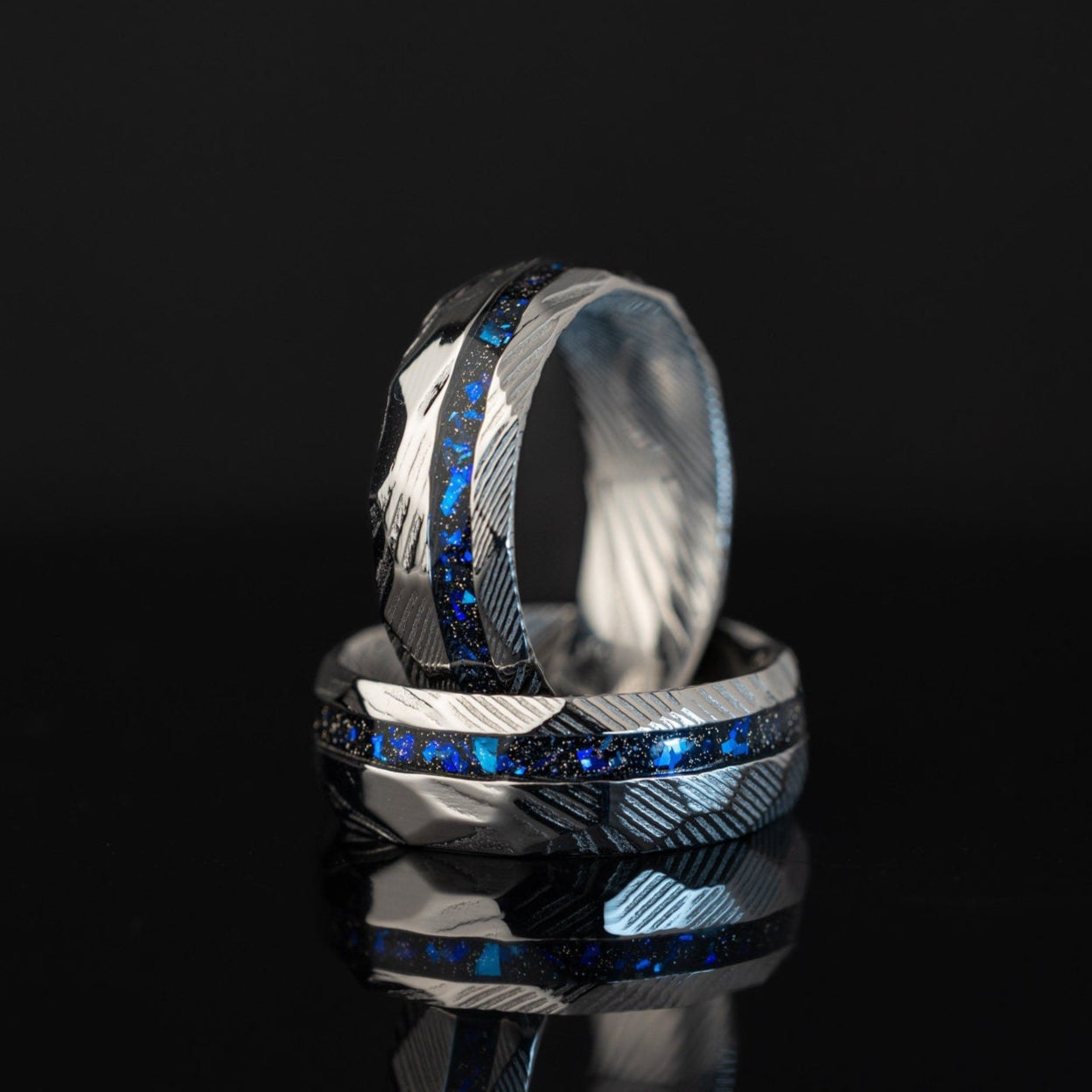 Natural Damascus Steel & Space Galaxy Ring, Damascus Band, Damascus and Nebula Ring, Space Galaxy Ring, Hammered Damascus Wedding Ring, 8mm