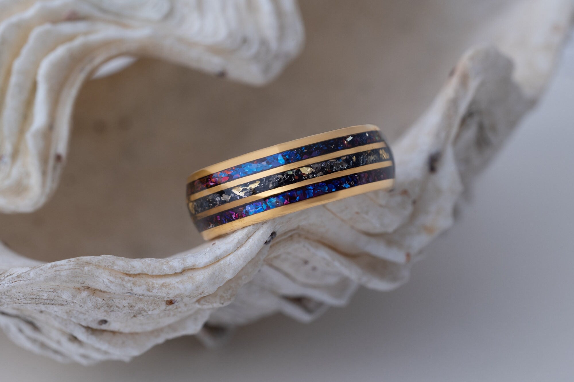 Space Galaxy & Meteorite and Crushed Gold Leaf Ring, Meteorite and Gold Leaf Ring, Galaxy and Meteorite Ring, Meteorite Wedding Band, 8mm