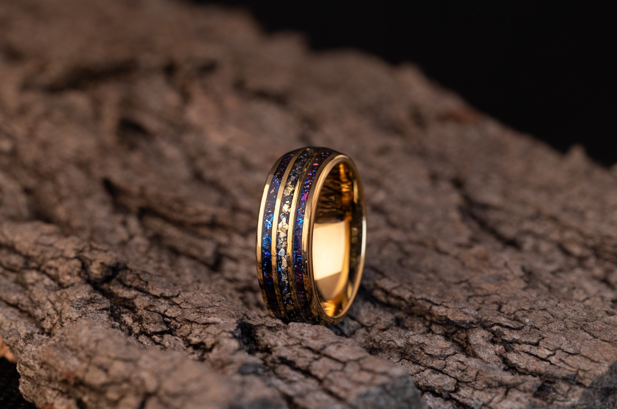 Space Galaxy & Meteorite and Crushed Gold Leaf Ring, Meteorite and Gold Leaf Ring, Galaxy and Meteorite Ring, Meteorite Wedding Band, 8mm