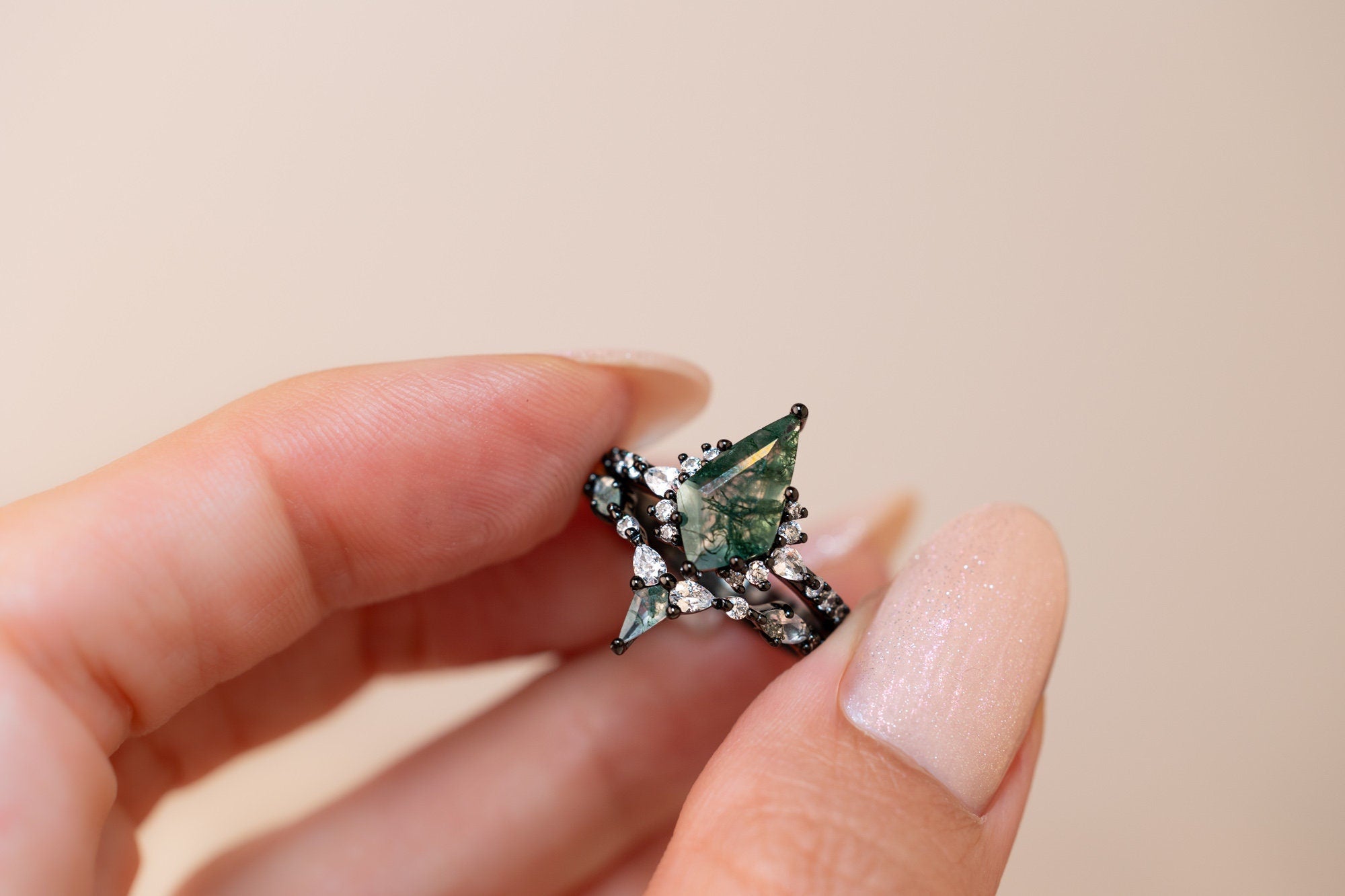 Moss Agate Ring Set, Green Moss Agate Ring, Sterling Silver Gun Plated Ring, Nature-Inspired Ring, Four Piece Moss Agate Ring for Her