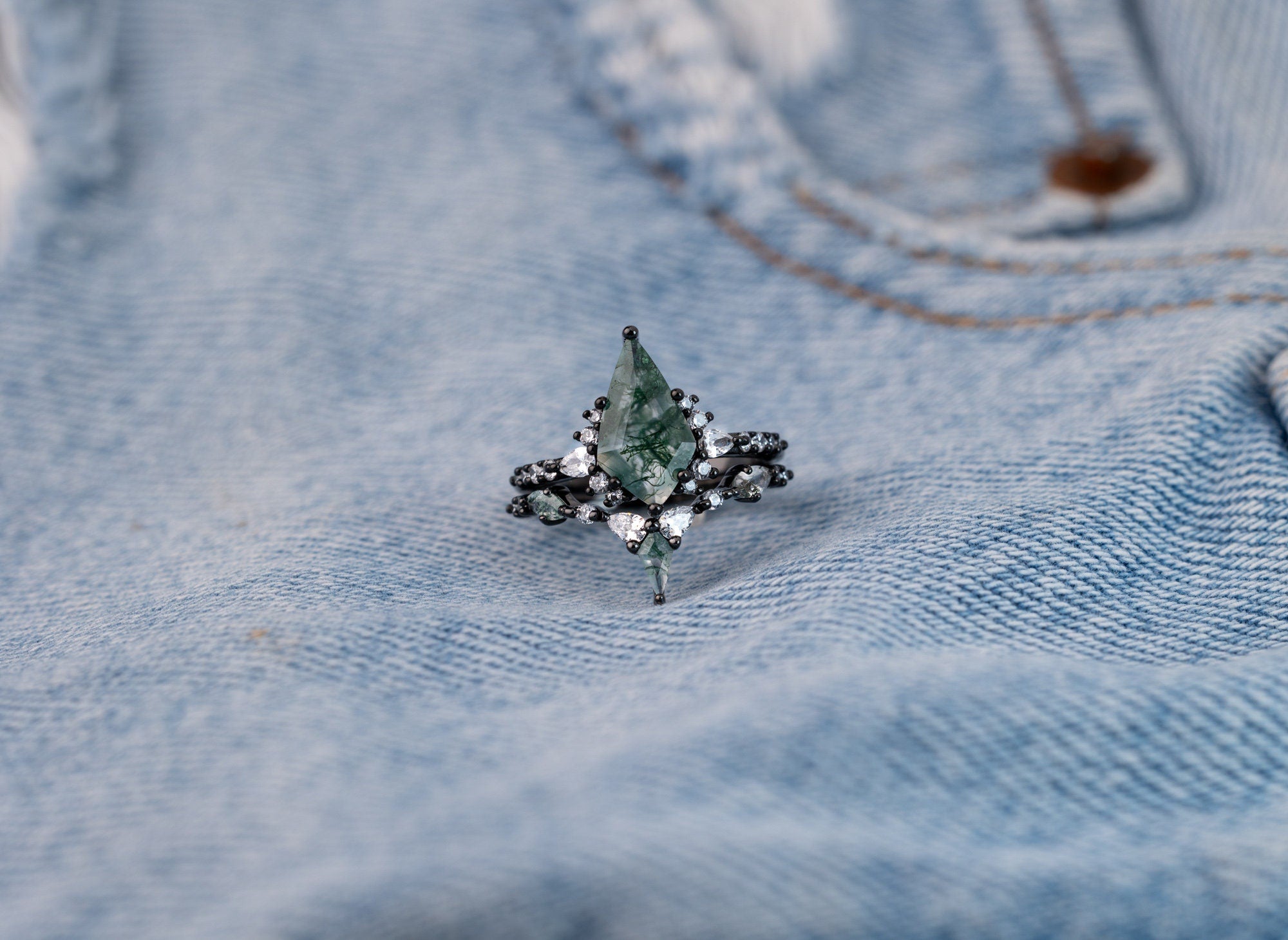 Moss Agate Ring Set, Green Moss Agate Ring, Sterling Silver Gun Plated Ring, Nature-Inspired Ring, Four Piece Moss Agate Ring for Her