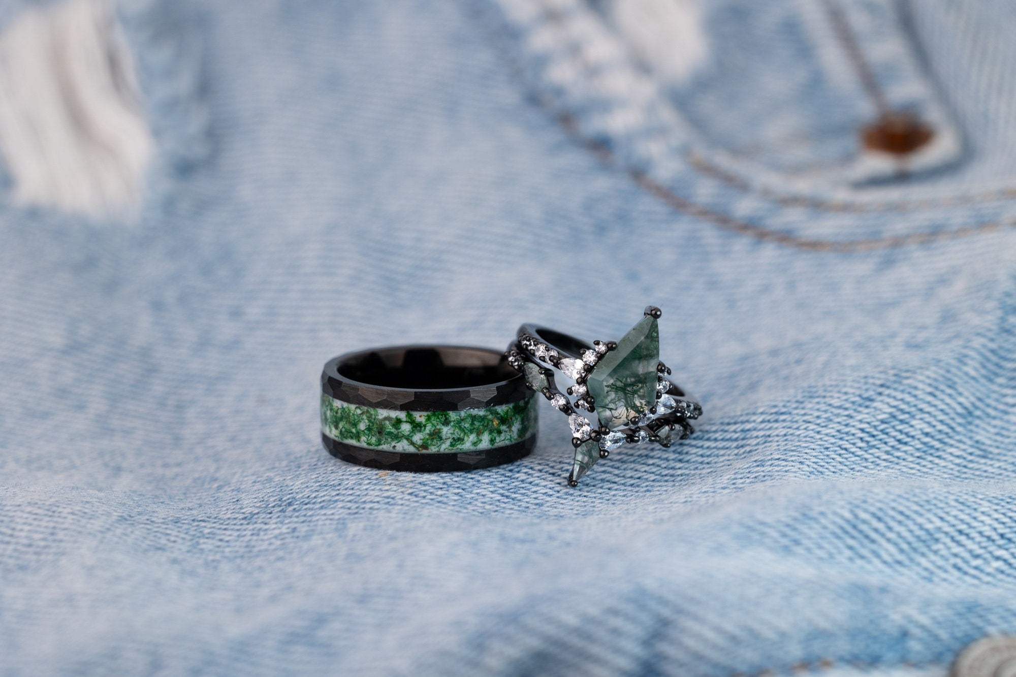 Moss Agate Ring Set, Green Moss Agate Ring, Sterling Silver Gun Plated Ring, Nature-Inspired Ring, Four Piece Moss Agate Ring for Her
