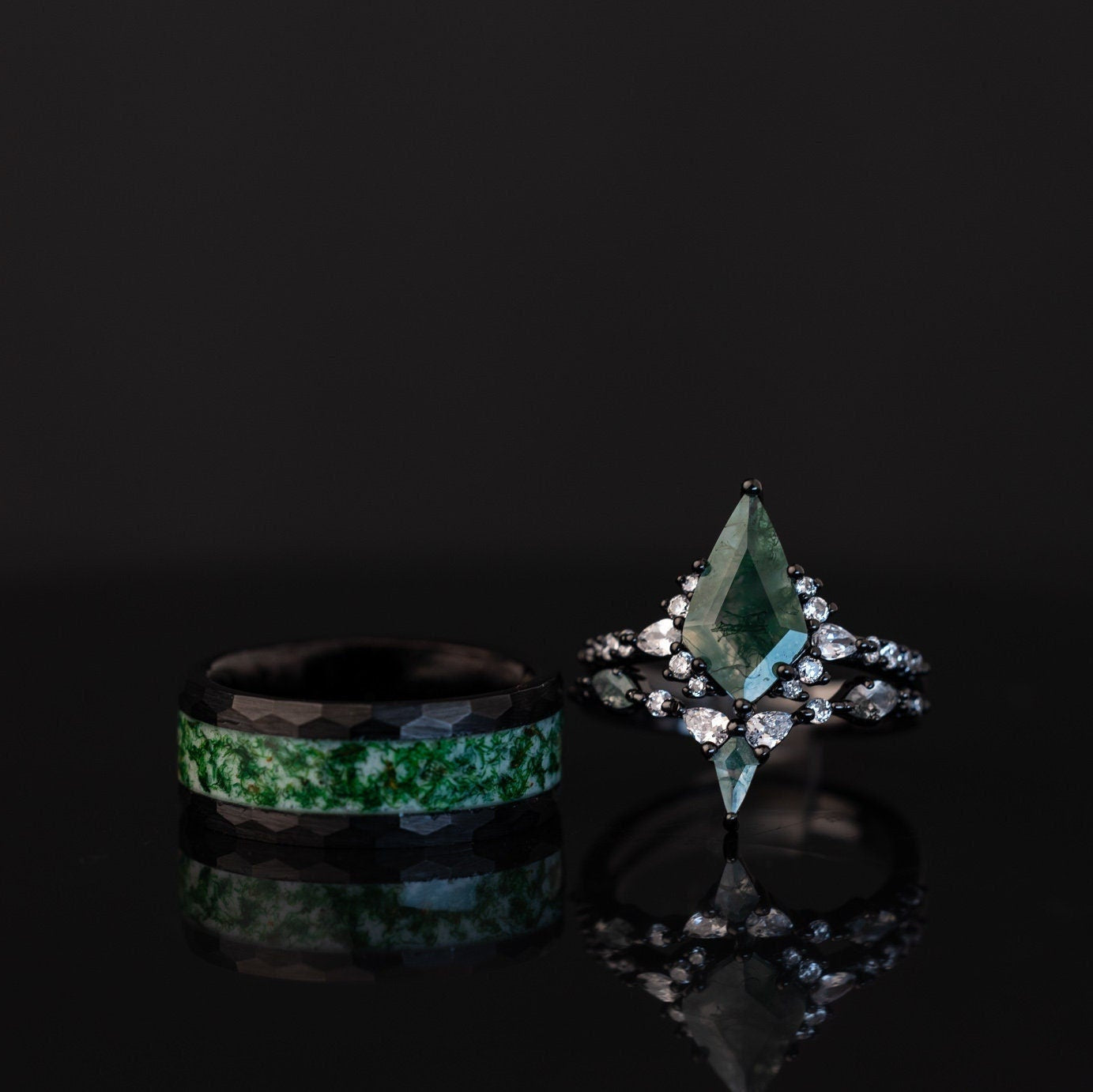 DHRUVIK CREATION Moss Agate & White Topaz Sterling Silver Ring Set - Couples Rings