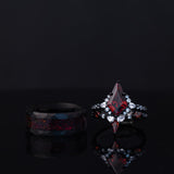 Skyfire - Garnet Ring & Crushed Black Fire Opal Ring Set, Matching Rings Set