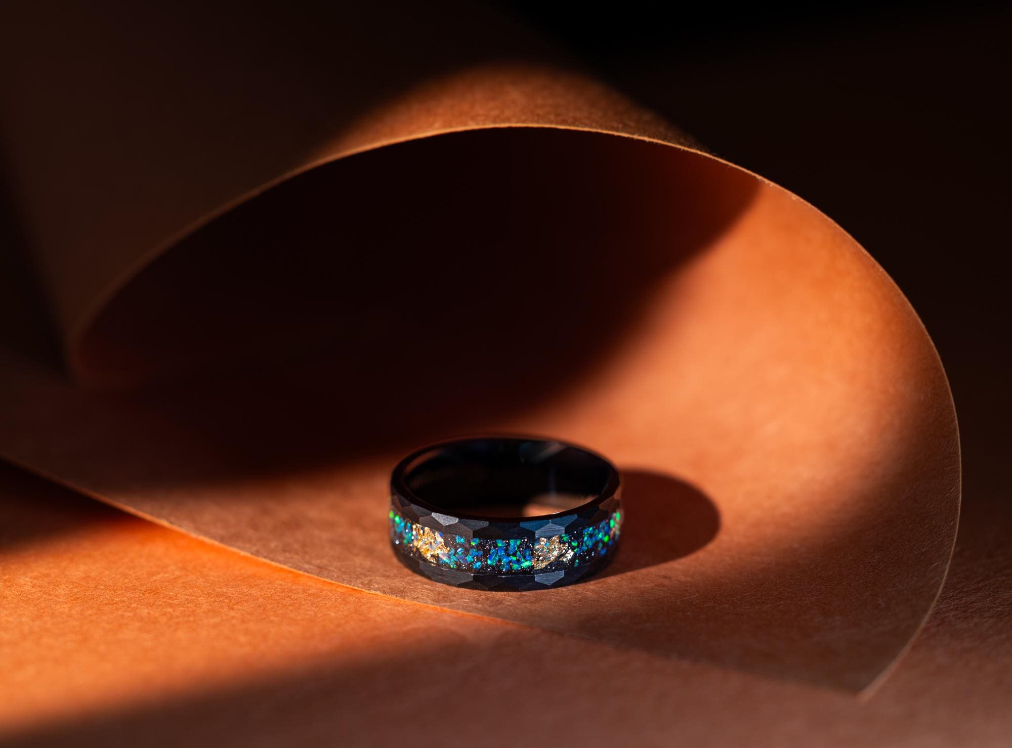 Opal & Gold Leaf Ring, Meteorite and Gold Leaf Ring, MIxed Opal Band, Meteorite and Gold Leaf Ring, Hammered Opal Band, Tungsten Ring, 8mm