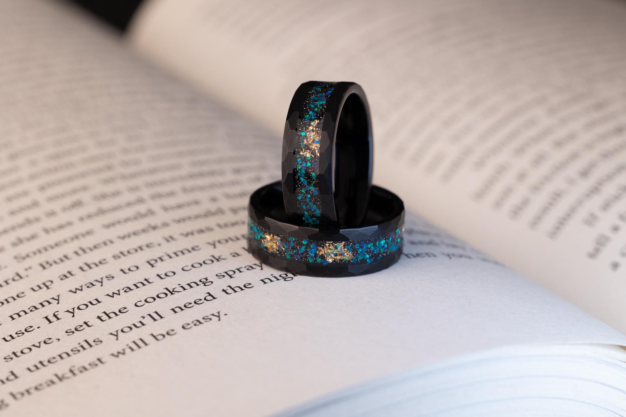 Opal & Gold Leaf Ring, Meteorite and Gold Leaf Ring, MIxed Opal Band, Meteorite and Gold Leaf Ring, Hammered Opal Band, Tungsten Ring, 8mm