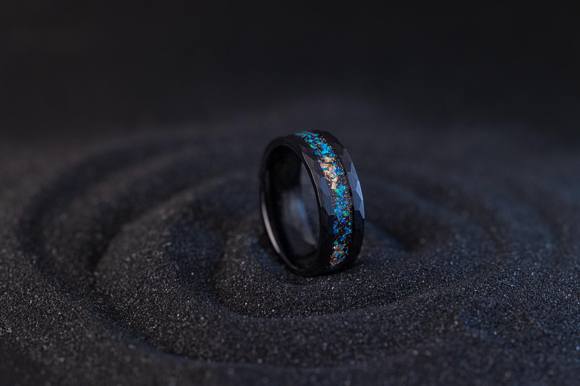 Opal & Gold Leaf Ring, Meteorite and Gold Leaf Ring, MIxed Opal Band, Meteorite and Gold Leaf Ring, Hammered Opal Band, Tungsten Ring, 8mm