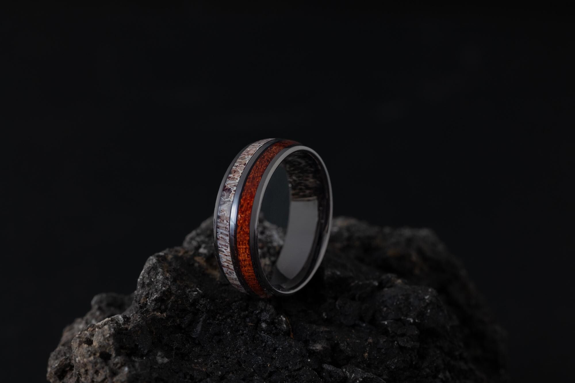 Deer Antler Ring, Wood Ring, Antler & Whiskey Barrel Wood Ring, Deer Wedding Band, Wood Ring for Men, Wood and Antler Ring, 8mm Ring