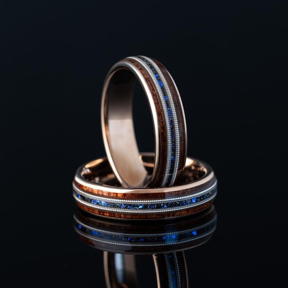 Opal Wood Ring, Rose Gold Tungsten Wood Band, Men's Wooden Ring, Koa Wood Blue Opal Tungsten Ring, Wood Wedding Band, Hawaiian Koa 6mm Ring