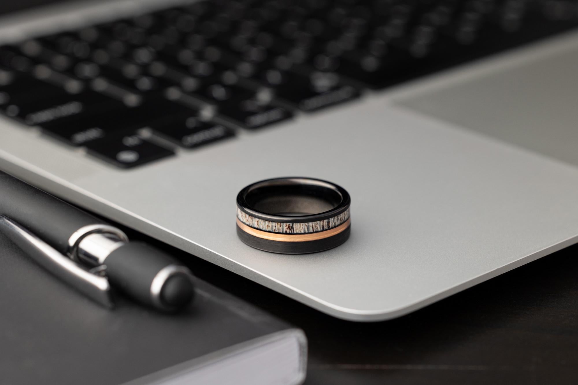 Deer Antler Ring, Black Tungsten Ring, Antler Black Tungsten Ring, Deer Wedding Band, Tungsten Ring for Men, 8mm Ring