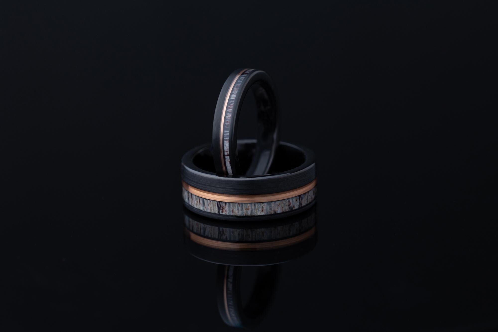 Deer Antler Couples Set, Deer Antler Ring Set, His and Hers Deer Antler Rings, Antler Black Tungsten Ring, Wedding Band, Matching Set Rings