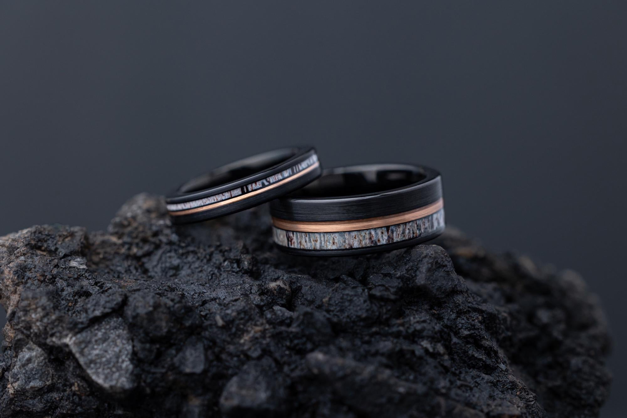 Deer Antler Couples Set, Deer Antler Ring Set, His and Hers Deer Antler Rings, Antler Black Tungsten Ring, Wedding Band, Matching Set Rings
