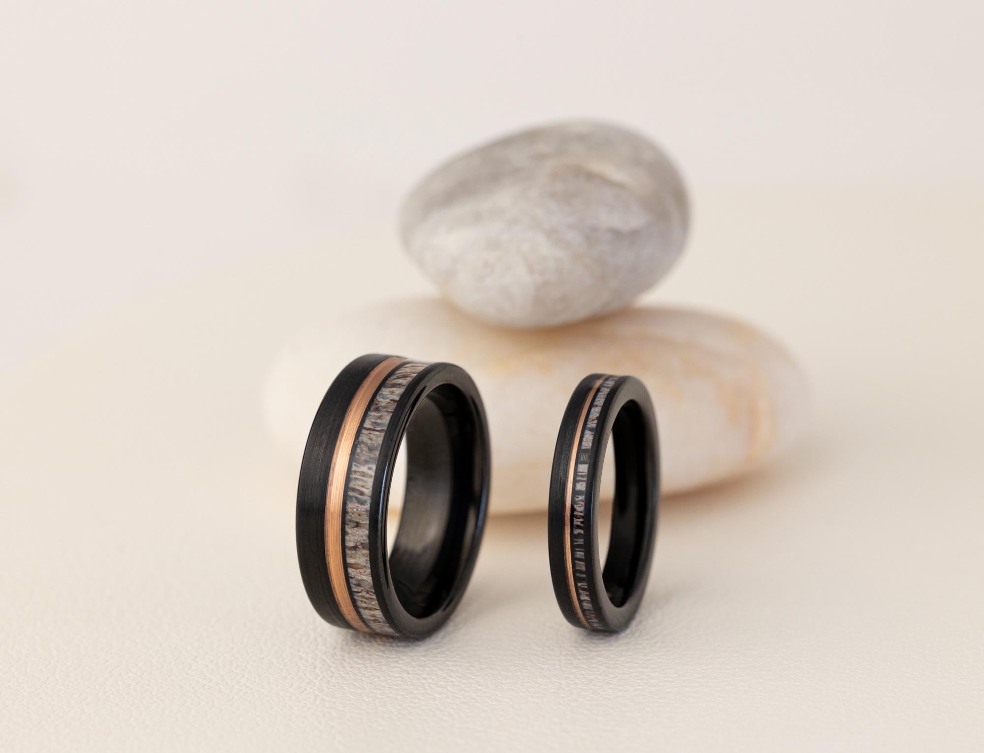 Deer Antler Couples Set, Deer Antler Ring Set, His and Hers Deer Antler Rings, Antler Black Tungsten Ring, Wedding Band, Matching Set Rings