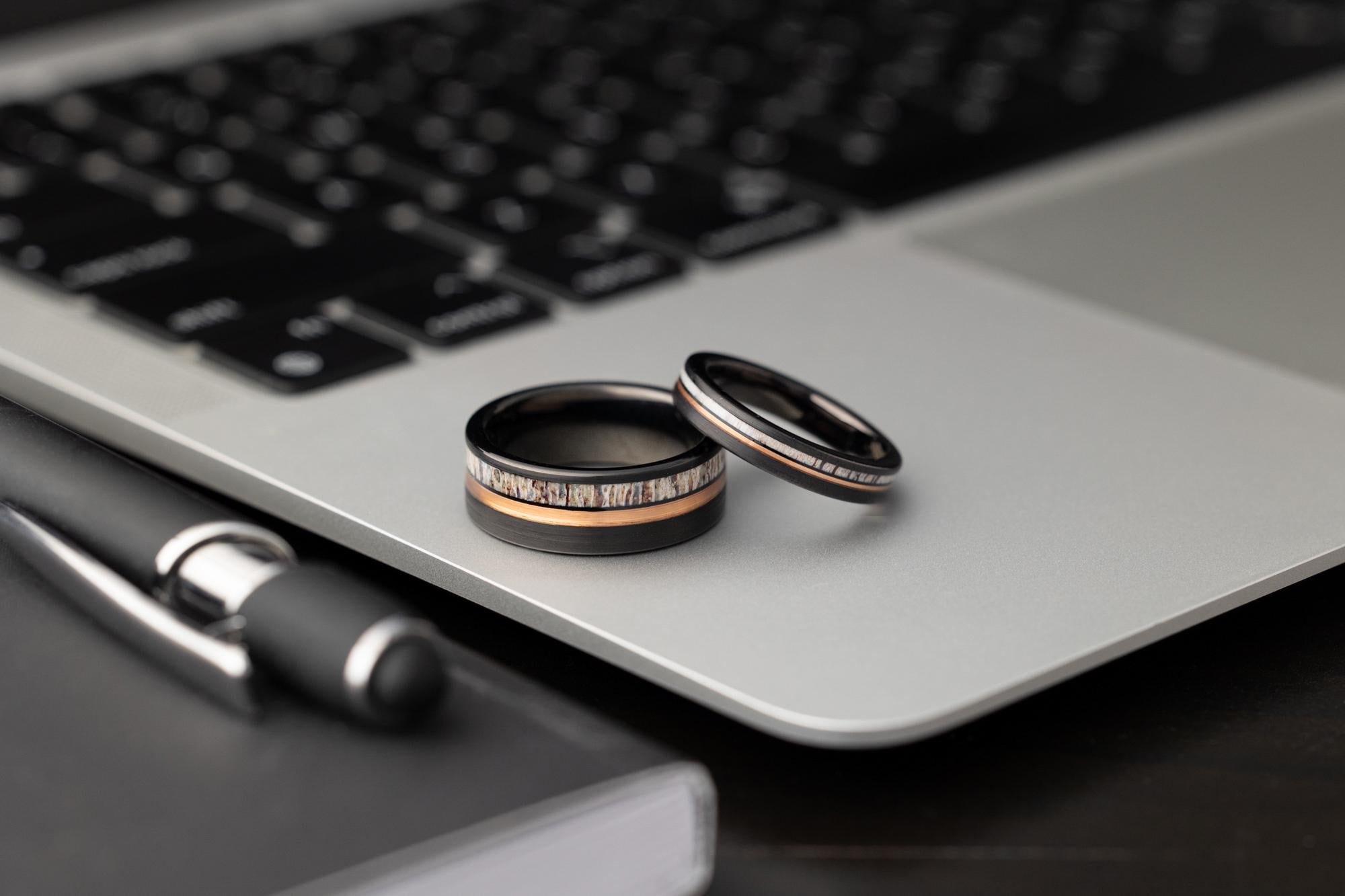 Deer Antler Couples Set, Deer Antler Ring Set, His and Hers Deer Antler Rings, Antler Black Tungsten Ring, Wedding Band, Matching Set Rings