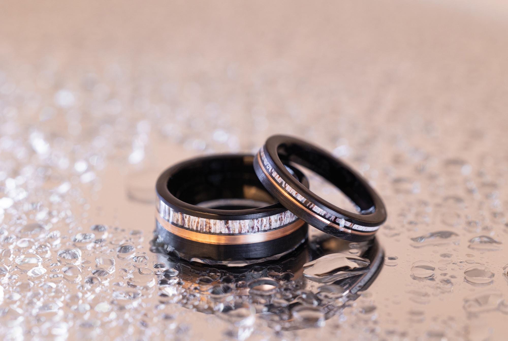 Deer Antler Couples Set, Deer Antler Ring Set, His and Hers Deer Antler Rings, Antler Black Tungsten Ring, Wedding Band, Matching Set Rings