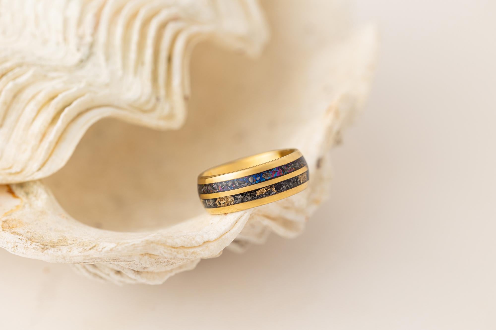 Galaxy & Meteorite Ring, Crushed Gold Leaf Ring, Man Wedding Band, Space Galaxy and Meteorite Band, Blue Galaxy Gold Leaf Band, 8mm Ring