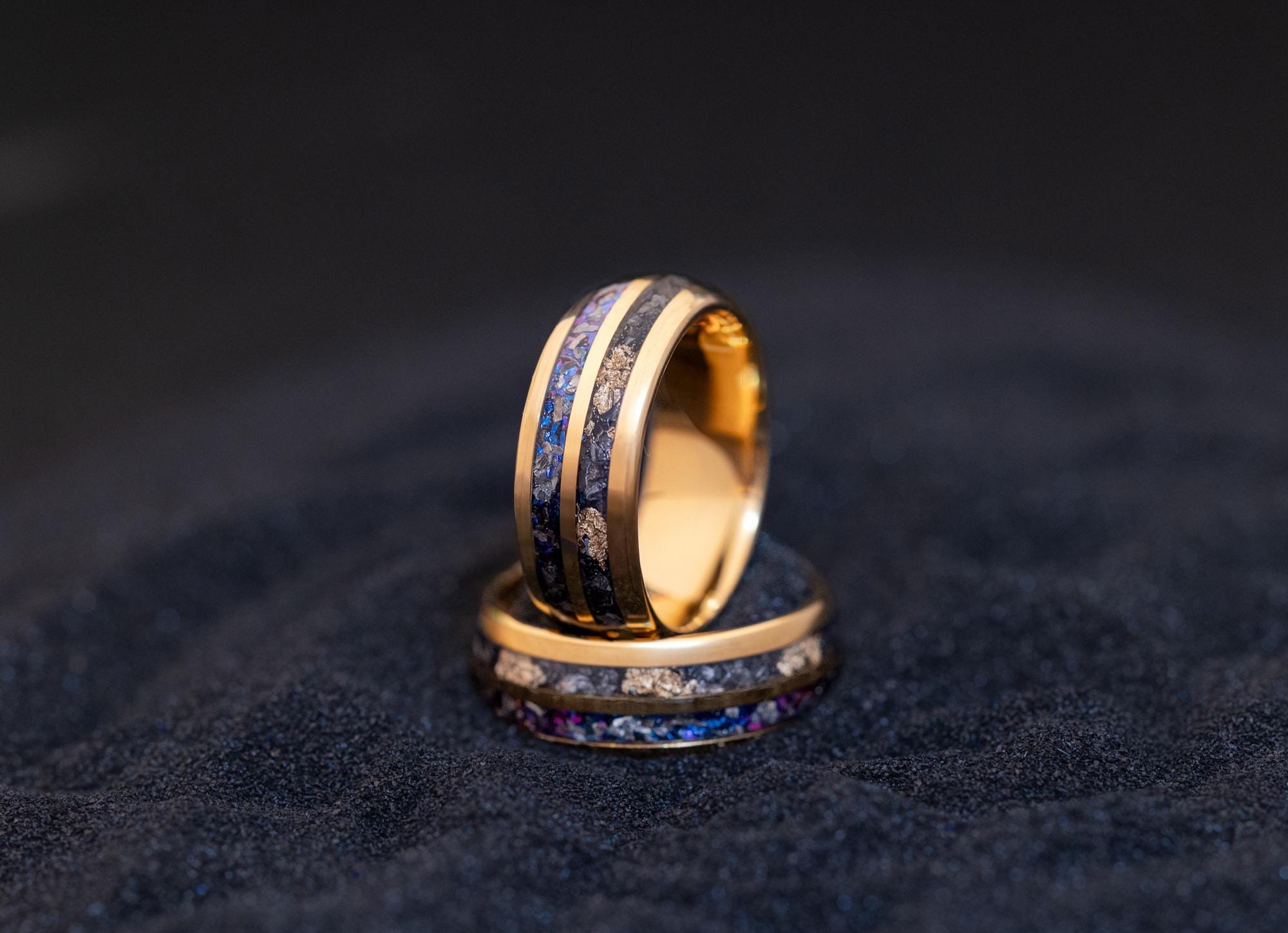 Galaxy & Meteorite Ring, Crushed Gold Leaf Ring, Man Wedding Band, Space Galaxy and Meteorite Band, Blue Galaxy Gold Leaf Band, 8mm Ring