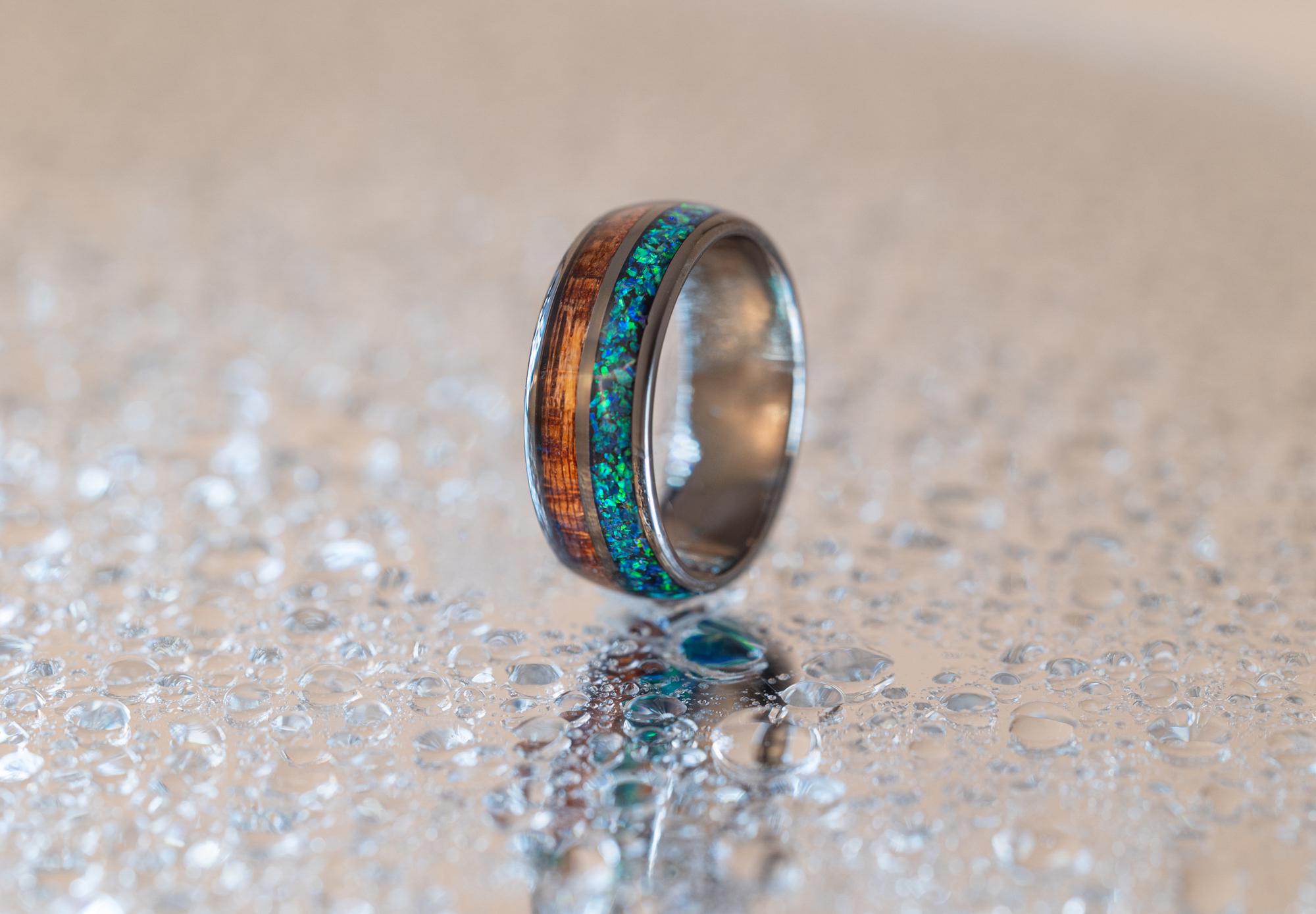 Green Opal & Rosewood Ring, Wood Band, Green Opal Band, Green Opal, Wood Band, Tungsten Ring For Men, Wedding Band, 8mm